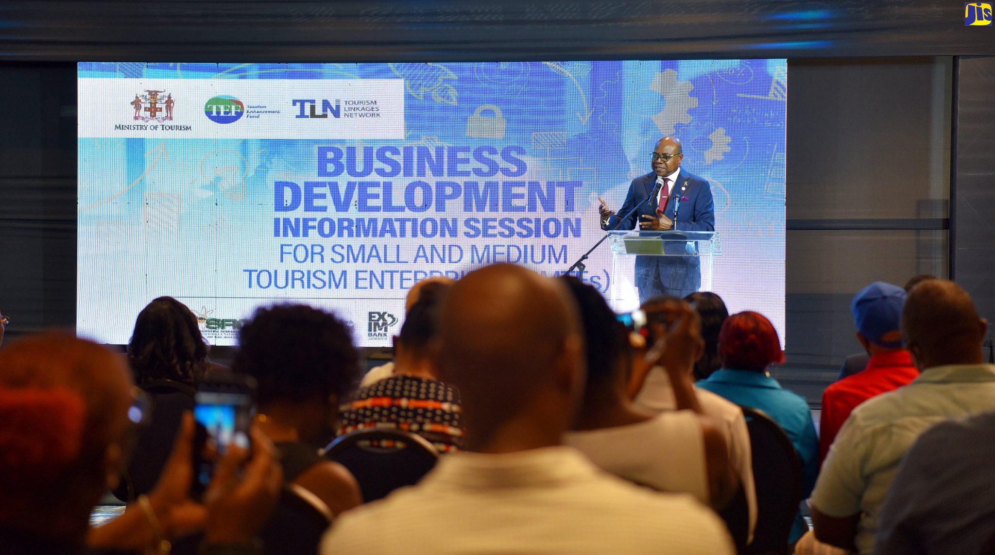 Tourism Minister, Hon. Edmund Bartlett, addresses the Tourism Enhancement Fund (TEF) business development information session for small and medium-sized tourism enterprises (SMTEs) at The Jamaica Pegasus hotel in New Kingston, on Wednesday (June 8).