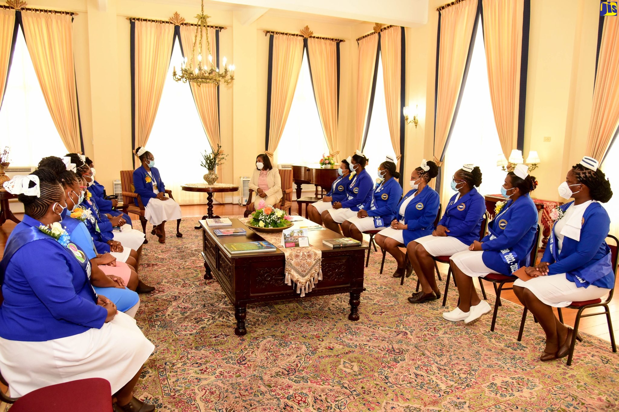 Wife of the Governor-General, Her Excellency the Most Hon. Lady Allen (eighth left), is with finalists in  the LASCO/Nurse and Nursing Student of the Year Competition, during a meeting at King’s House in Kingston on Monday (July 18). The competition, staged by LASCO Distributors Limited in collaboration with the Nurses Association of Jamaica (NAJ), recognises and pays tribute to outstanding members of the nursing profession.  

