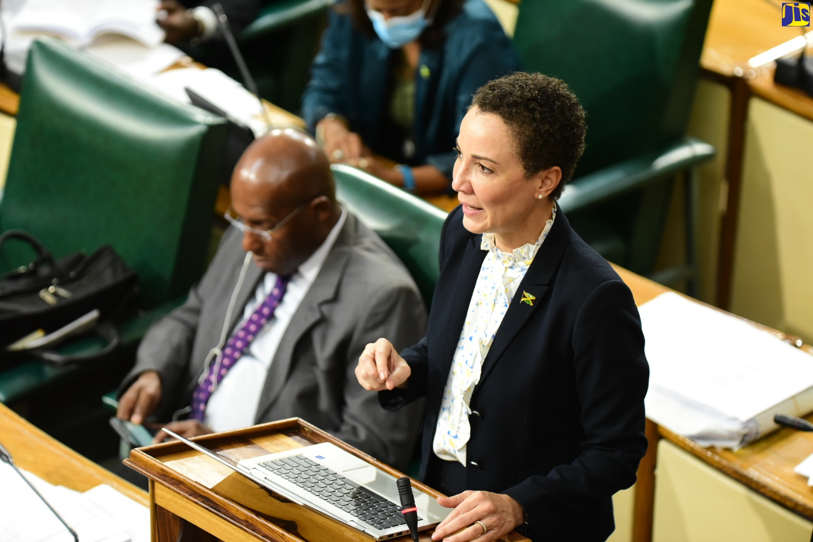 Minister of Foreign Affairs and Foreign Trade and Leader of Government Business in the Upper House, Senator the Hon. Kamina Johnson Smith, clarifies a matter while addressing the Senate during its sitting on Friday (July 22). Beside her is Minister of Industry, Investment and Commerce, Senator the Hon. Aubyn Hill.
