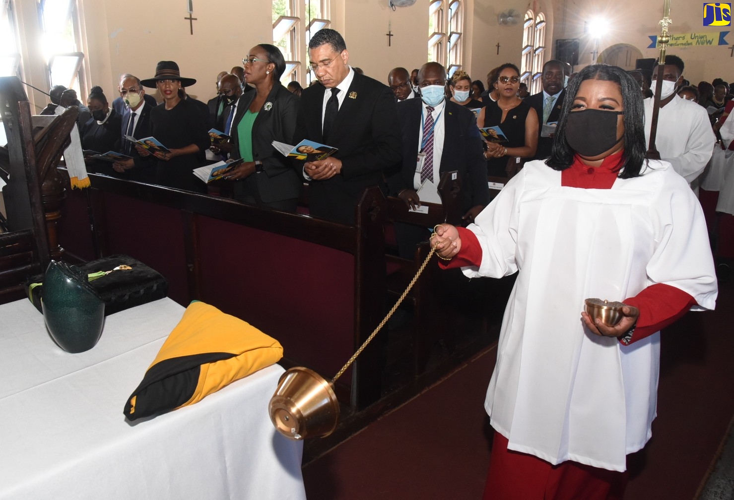 Prime Minister, the Most Hon. Andrew Holness (right), and the Most Hon. Juliet Holness (second right), participate in the official funeral for late Minister of Labour and Social Security, Hon. Shahine Robinson, at the St. Matthew’s Anglican Church in Claremont, St. Ann, on Monday, July 4. Among others in attendance (from left) are Minister of Culture, Gender, Entertainment and Sport, Hon. Olivia Grange; Deputy Prime Minister and Minister of National Security, Hon. Dr. Horace Chang; and Member of Parliament for St. Ann South East, Lisa Hanna. 