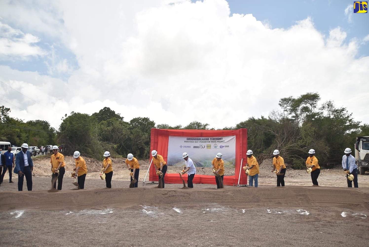 Prime Minister, the Most Hon. Andrew Holness (sixth from left), is joined by other government ministers and representatives from China Harbour Engineering Company (CHEC) in the ground breaking for the US$274.5 million Montego Bay Perimeter Road project at Ironshore in St. James on Saturday (July 16).