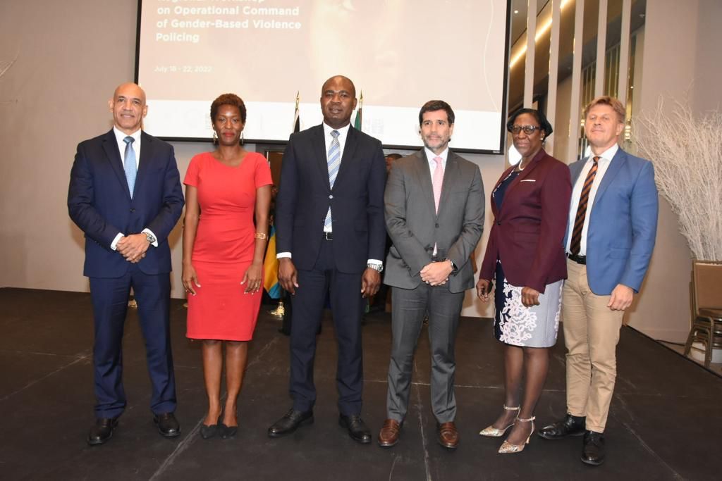 Minister of State in the Ministry of National Security, Hon. Zavia Mayne (third left), with (from left): Commissioner of Police, Major General Antony Anderson; Representative UN Women Multi-Country Office Caribbean, Ms. Tonni Brodber; Representative (acting), Jamaica Country Office, IDB, Mr. Lorenzo Escondeur; Principal Director, Gender Affairs, Ministry of Culture, Gender, Entertainment and Sport, Ms. Sharon Robinson, and Deputy Head of Delegation for the EU to Jamaica, Mr. Fredrik Ekfeldt, at the Regional Knowledge Exchange on Operational Command of Gender-Based Violence (GBV) five-day workshop, at the AC Marriot Hotel, on July 18.