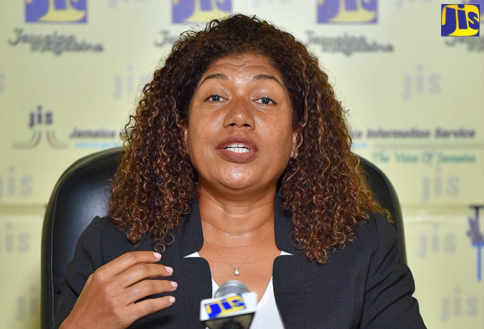 Programme Director, Global Services Sector (GSS) Project, Marjorie Straw, emphasises a point during a Jamaica Information Service (JIS) ‘ Think Tank’, at the agency’s head office in Kingston, on June 28.
