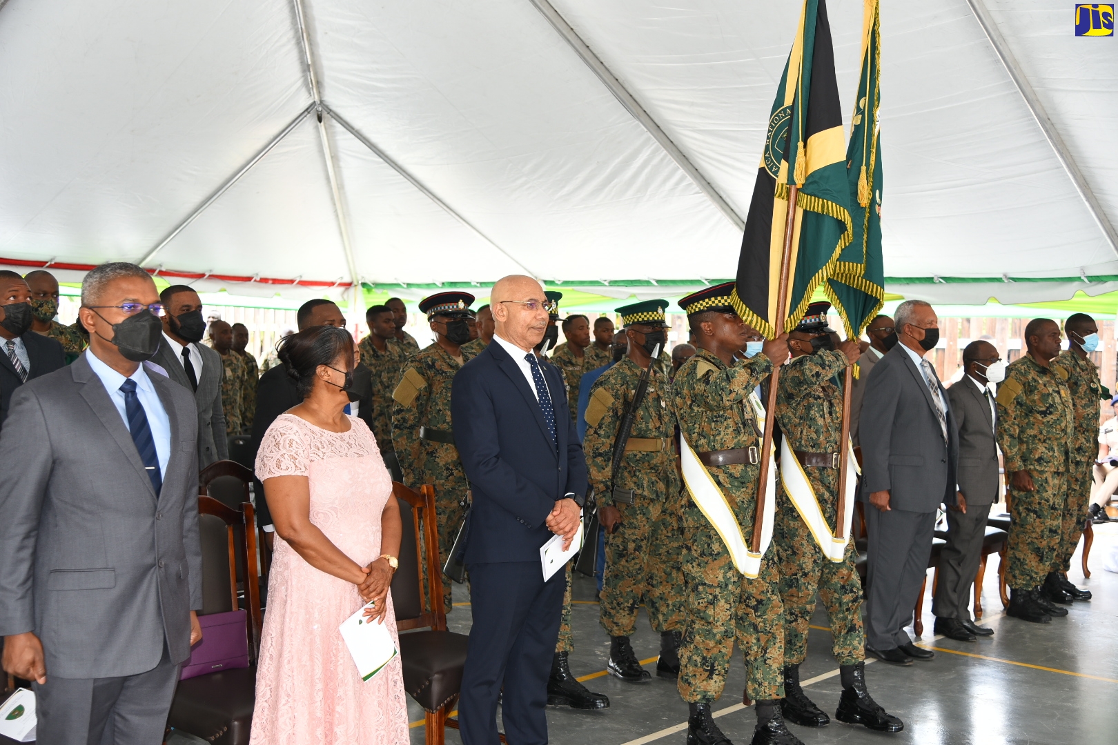 Their Excellencies, Governor-General, the Most Hon. Sir Patrick Allen (third left) and Lady Allen second (left); Jamaica Defence Force (JDF) Executive Officer, Brigadier Markland Lloyd (left); and other congregants stand in observance of the JDF’s Standard Presentation. The procession was held during the JDF’s National Drumhead Church Service at Curphey Barracks, Up Park Camp, St. Andrew, on Sunday (July 24).