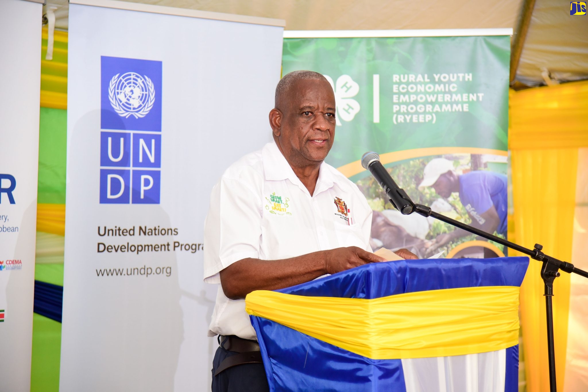 State Minister in the Ministry of Agriculture and Fisheries, Hon. Franklin Witter, addressing the launch of the ‘Strengthening the Adaptive Capacity of Farmers and Fisherfolk in Jamaica’ pilot project on Thursday (August 11) at the Denbigh 4-H Training and Production Centre, May Pen, Clarendon.