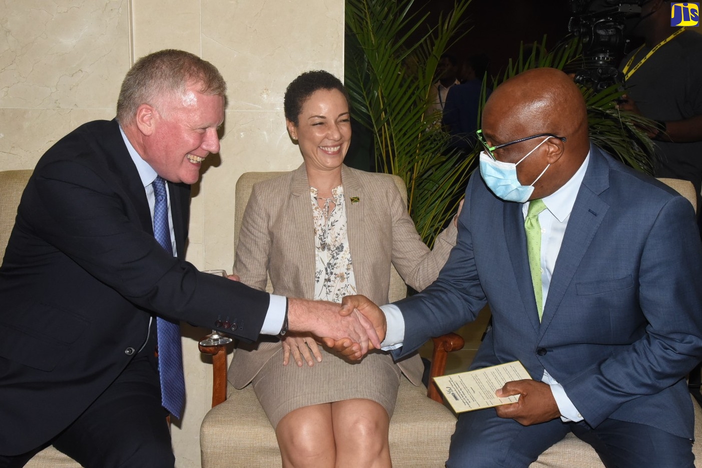 Minister of Foreign Affairs and Foreign Trade, Senator the Hon. Kamina Johnson Smith (centre), introduces State Minister in the Ministry, Senator the Hon. Leslie Campbell (right) to Secretary-General of the International Seabed Authority (ISA), His Excellency Michael Lodge. They were attending a reception held at the Ministry’s downtown Kingston headquarters on August 3, to commemorate the 40th anniversary of the adoption of the United Nations Convention on the Law of the Sea (UNCLOS).