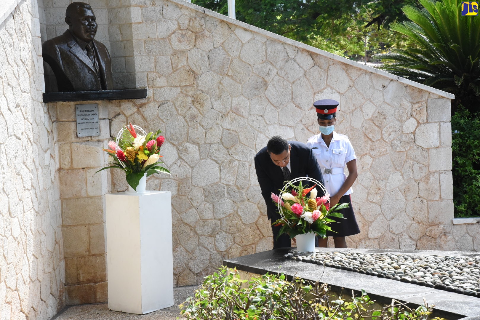 Prime Minister, the Most Hon. Andrew Holness, lays a wreath at the shrine of Right Excellent Marcus Mosiah Garvey at National Heroes Park in Kingston on Wednesday (August 17), to commemorate the 135th anniversary of the National Hero’s birth. Marcus Garvey, who is Jamaica’s first National Hero, was born in St. Ann’s Bay, St. Ann, on August 17, 1887. During his career, Garvey travelled extensively throughout many countries, observing the poor working and living conditions of black people. In 1914, he started the Universal Negro Improvement Association (UNIA) in Jamaica. He was conferred with the Order of the National Hero in 1969.