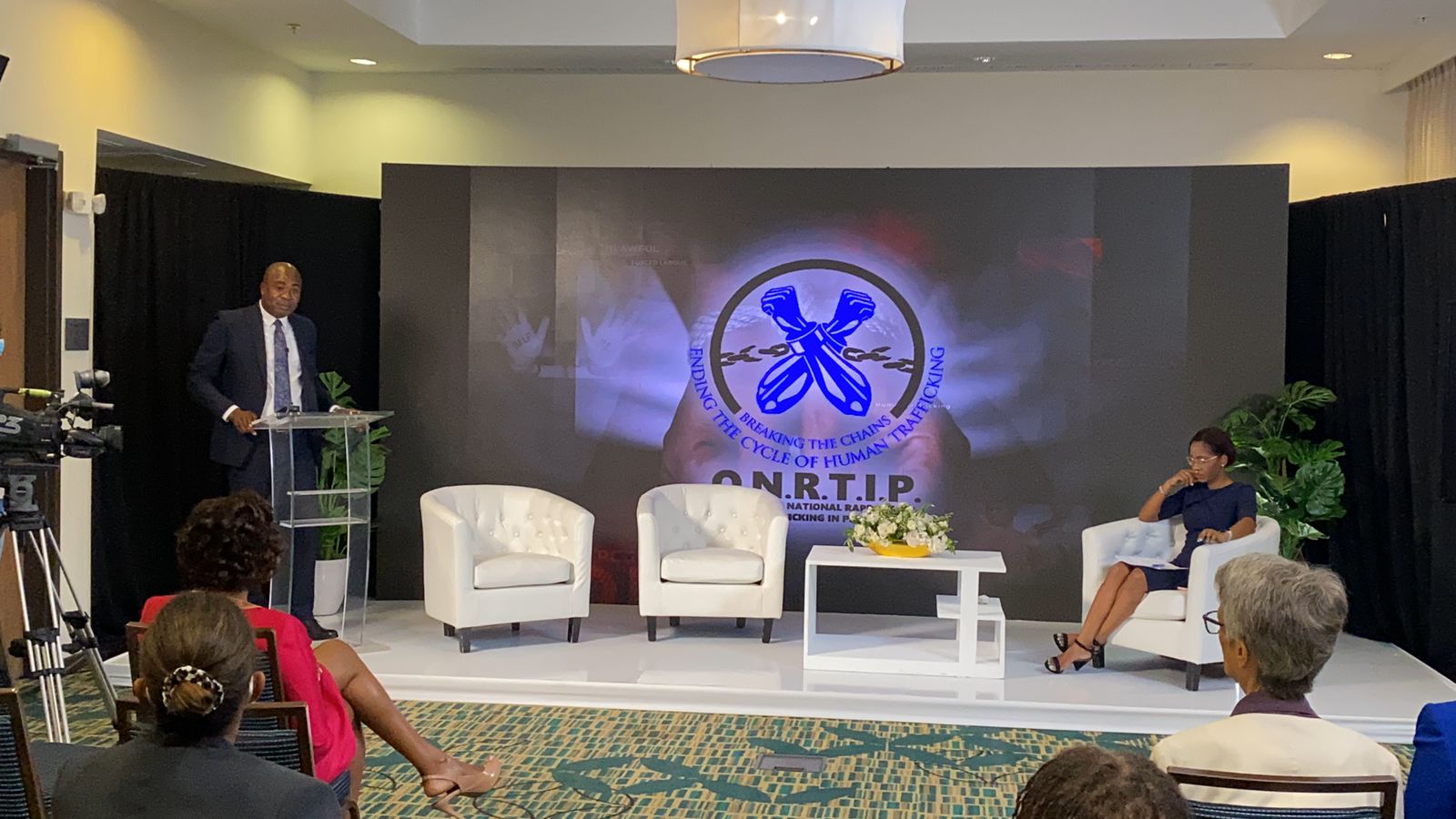 Minister of State in the Ministry of National Security, Hon. Zavia Mayne (left), speaks at an event dubbed, ‘Trafficking Conversations’, on July 29, at the Office of the National Rapporteur on Trafficking in Persons, in Kingston.