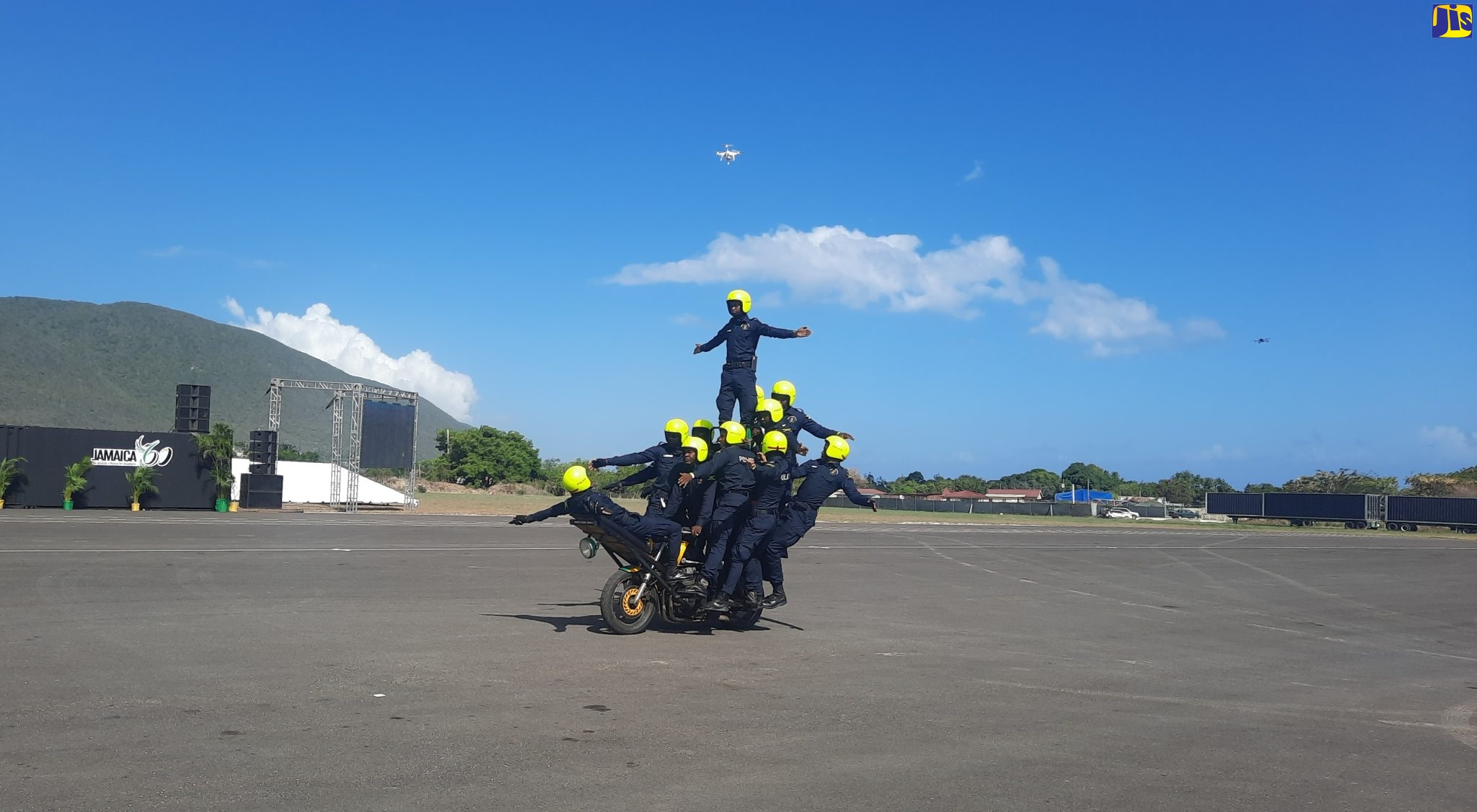 The Jamaica Constabulary Force’s (JCF) Daredevil Riders perform the ‘13-man motorcycle’ stunt, which shows  13 police officers riding on a single motorcycle. Occasion was the Jamaica Defence Force’s (JDF) 60th anniversary show held at Up Park Camp in Kingston on July 29.