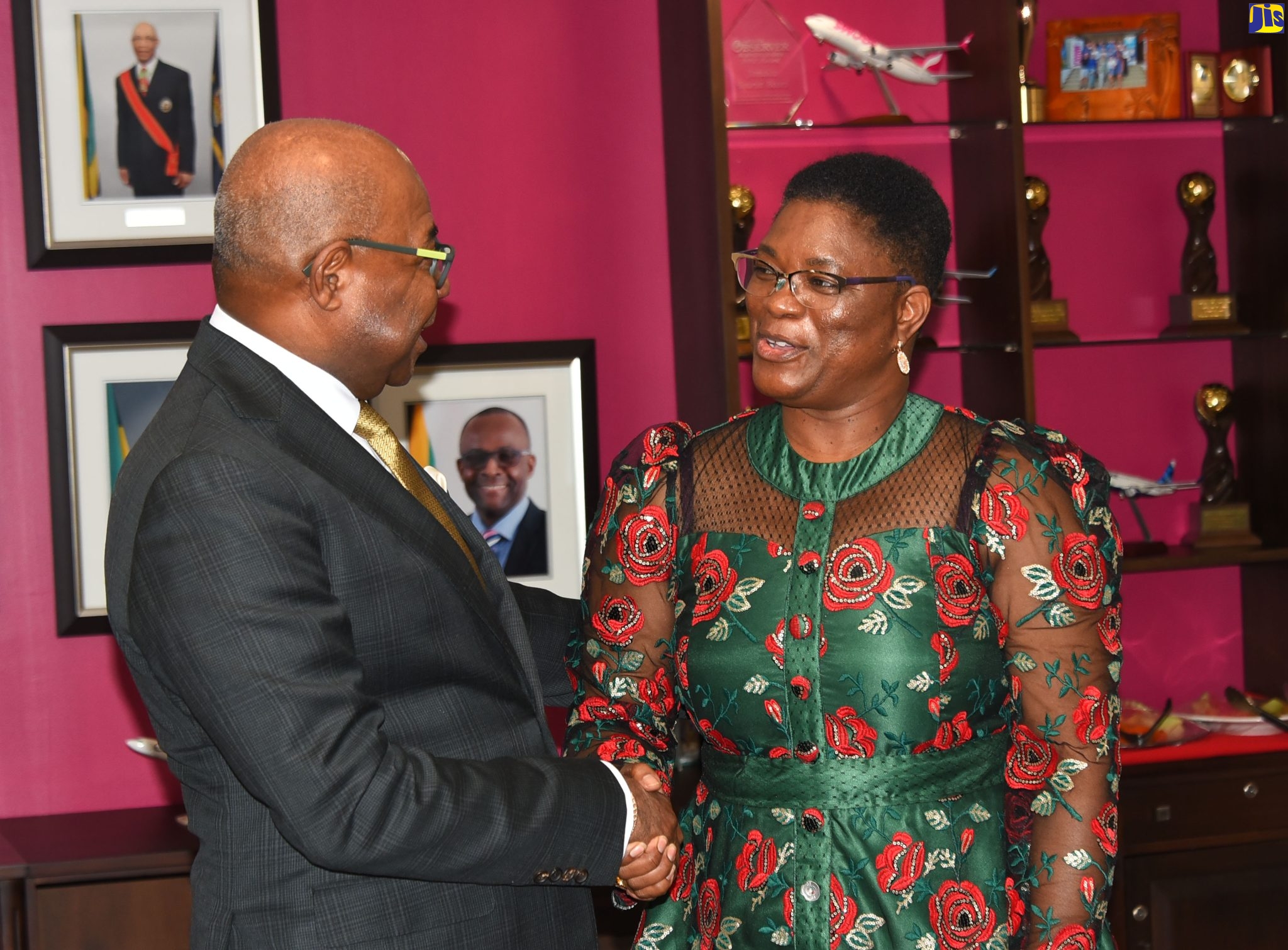 Tourism Minister, Hon. Edmund Bartlett, shakes the hand of the Republic of Namibia’s Minister for Presidential Affairs, Hon. Christine Hoebes, following a meeting at the Ministry’s offices in New Kingston, on Friday (August 5).
