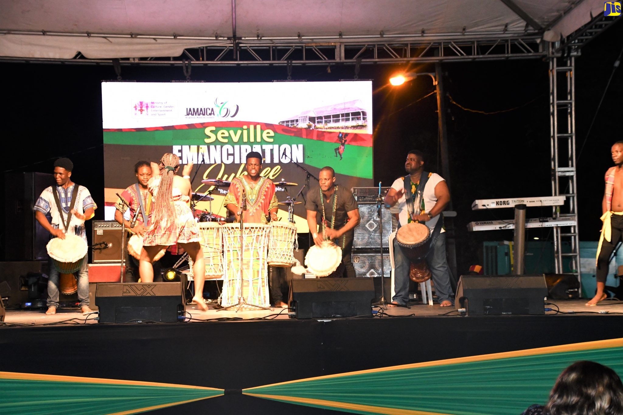 Cultural Drummers, Jamique Ensemble, deliver an electrifying performance during the Seville Emancipation Jubilee, held at the Seville Heritage Park in St Ann, on July 31.
