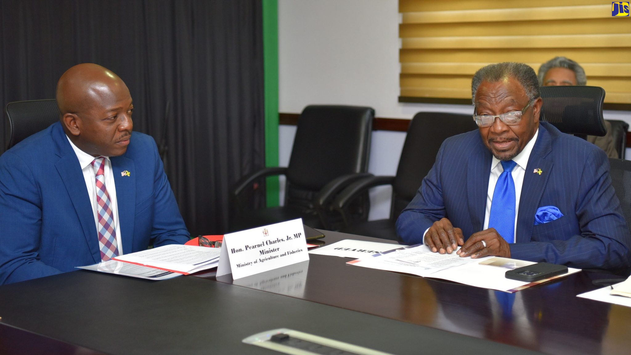 Minister of Agriculture and Fisheries, Hon. Pearnel Charles Jr. (left) listens to a point being made by United States Ambassador to Jamaica, His Excellency Nick Perry, during the diplomat’s visit at the Ministry’s offices in Hope Garden, St. Andrew recently.