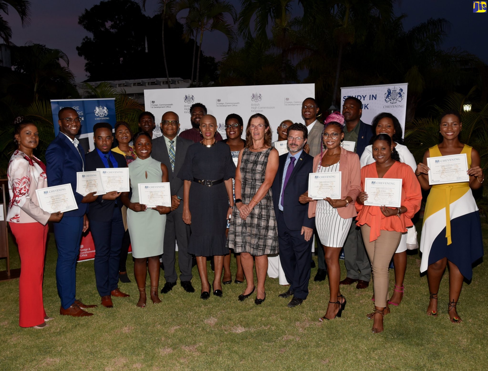 Minister of Education and Youth,  Hon. Fayval Williams (centre, front row);  British High Commissioner to Jamaica, Her Excellency Judith Slater (fourth right, front row), and State Minister in the Ministry of Foreign Affairs and Foreign Trade, Senator the Hon. Leslie Campbell (to the Minister’s right), with the 2022 United Kingdom (UK) Chevening Government Scholarships awardees. They were awarded their scholarship certificates during a reception held at the British High Commissioner’s Residence in Kingston, on August 25.