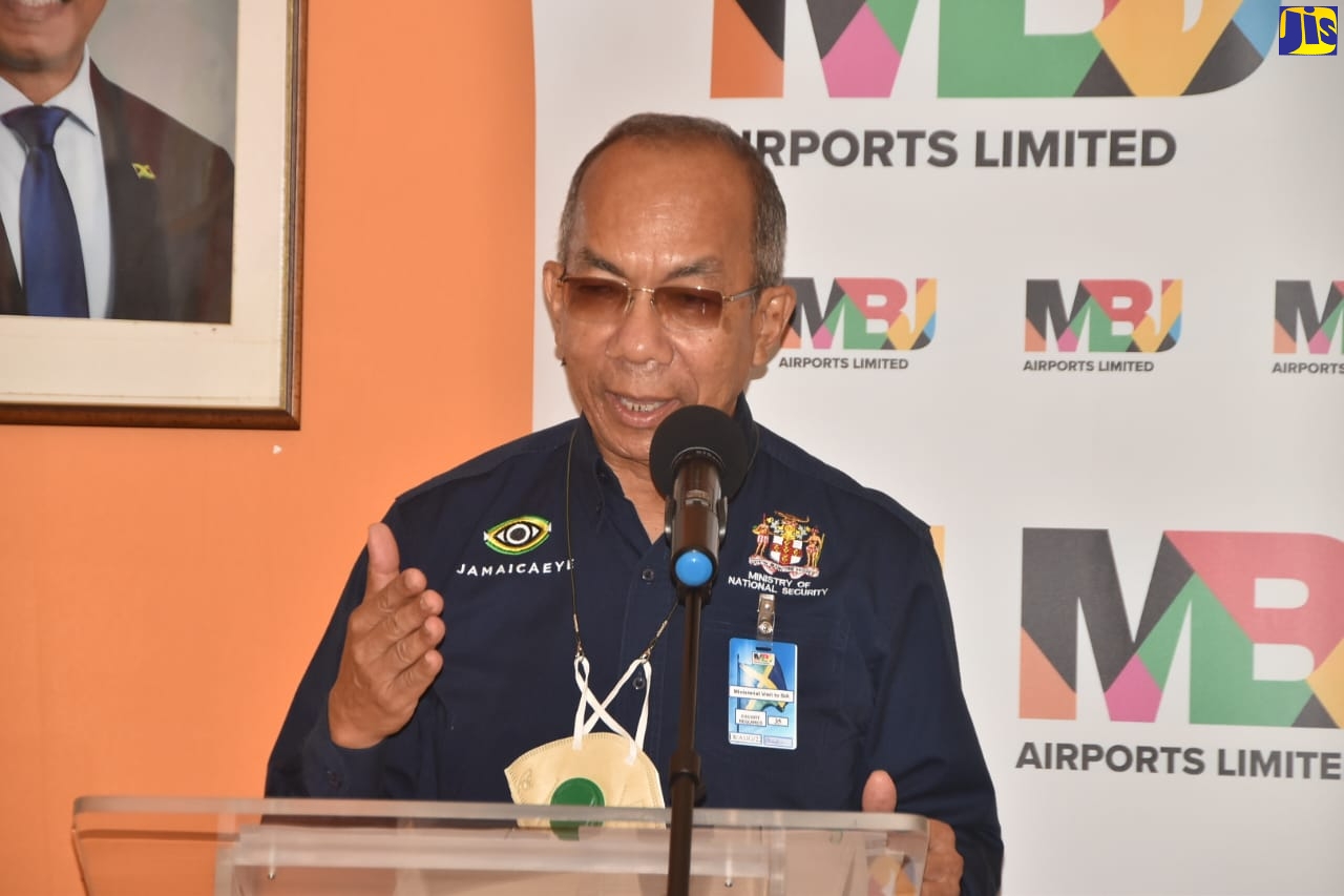 Minister of National Security, Hon. Dr. Horace Chang, speaks to reporters following a tour of the Sangster International Airport in Montego Bay, St. James, on August 18.