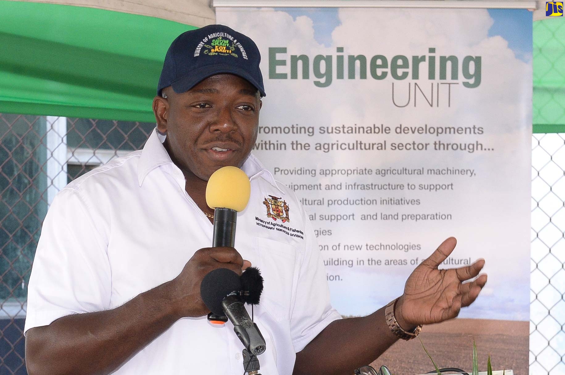 Minister of Agriculture and Fisheries, Hon. Pearnel Charles Jr., speaks at a handover ceremony for two backhoes to the Rural Agricultural Development Authority (RADA) to support farming communities in St Thomas and Westmoreland. The event took place at the Agro-Investment Compound in Kingston on Wednesday (August 24).