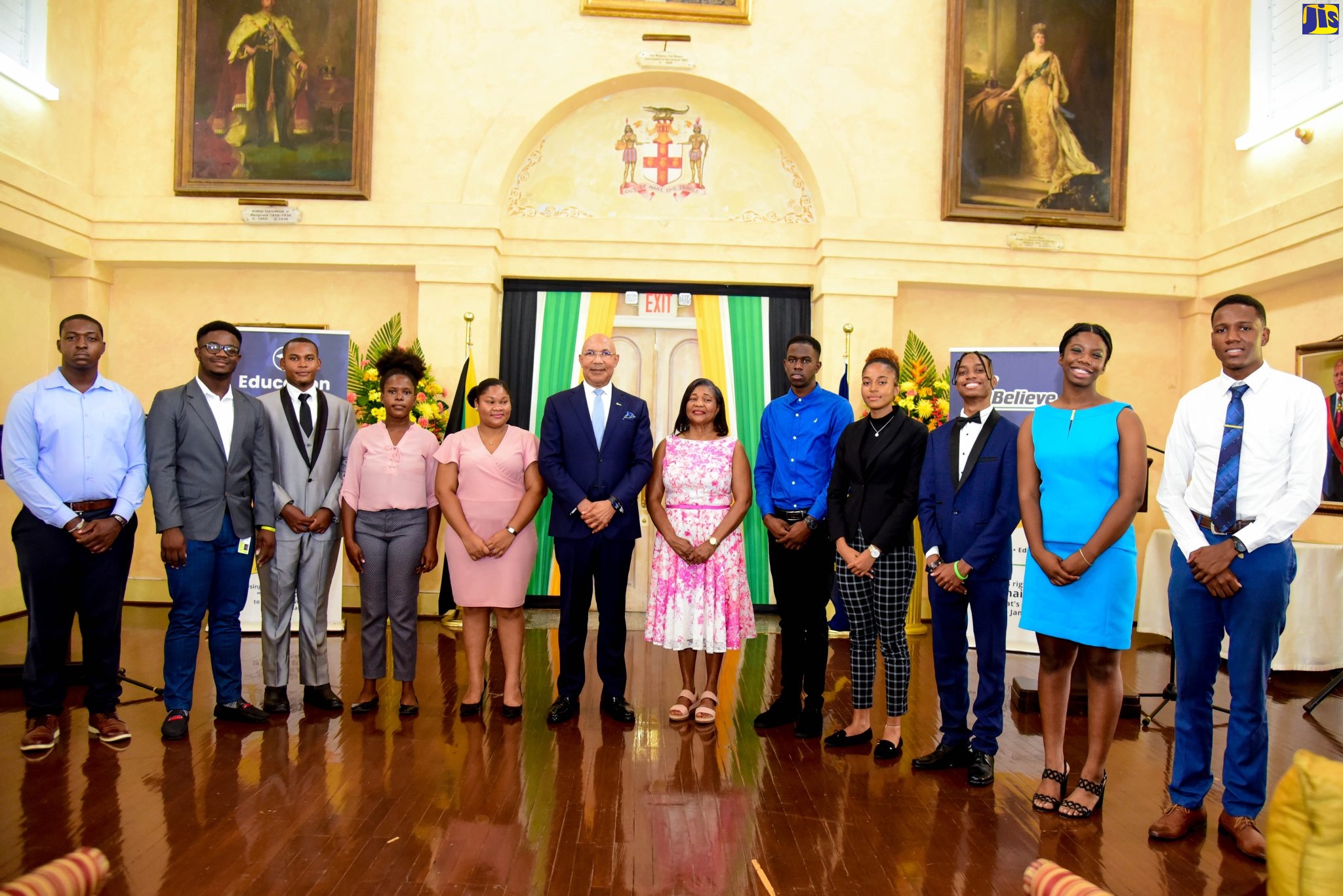 Their Excellencies, Governor-General, the Most Hon. Sir Patrick Allen (sixth left), and the Most Hon. Lady Allen (sixth right) are joined with recipients of this year’s ‘I Believe’ Initiative Summer of Service Scholarship Presentation Ceremony at Kings House, on Thursday (September 1). 