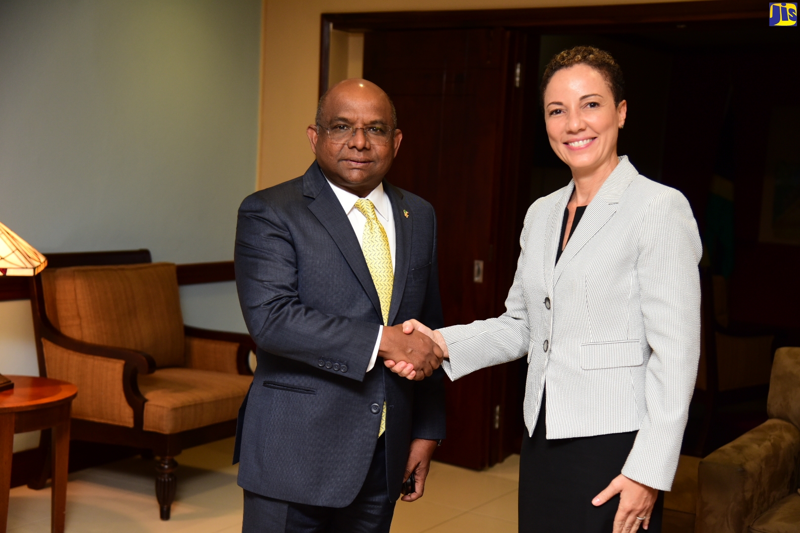 Minister of Foreign Affairs and Foreign Trade, Senator the Hon. Kamina Johnson Smith (right) greets His Excellency Abdulla Shahid, following his arrival at the Norman Manley International Airport in Kingston on September 3.