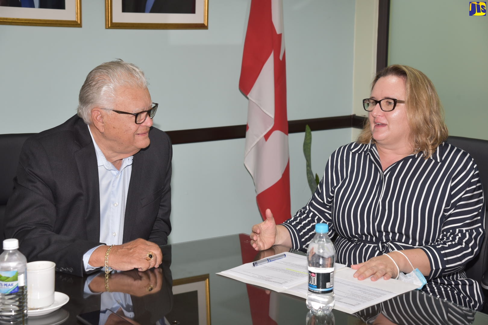 Minister of Labour and Social Security, Hon. Karl Samuda, converses with High Commissioner of Canada to Jamaica, Her Excellency, Emina Tudakovic, during the diplomat’s courtesy call at the Ministry’s North Street offices in Kingston on Thursday (September 1). They met to discuss Minister Samuda’s recent visit to Canada.