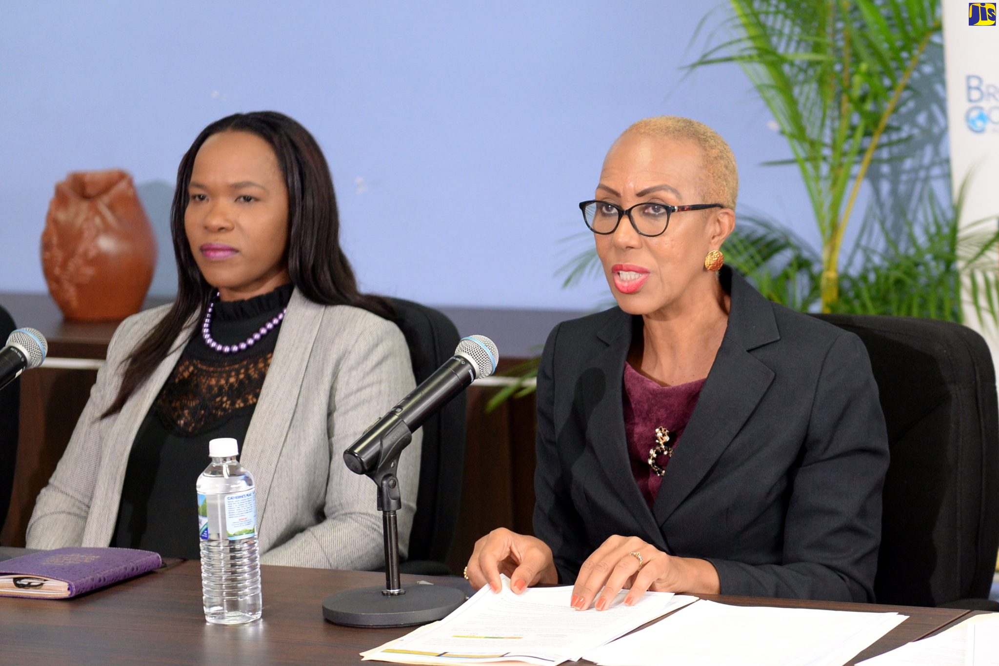 Minister of Education and Youth, Hon. Fayval Williams (right), addresses a press conference on the results of this year’s secondary level external examinations, at the Ministry’s office, on Wednesday (September 7). At left is Acting Chief Education Officer, Dr. Kasan Troupe.
