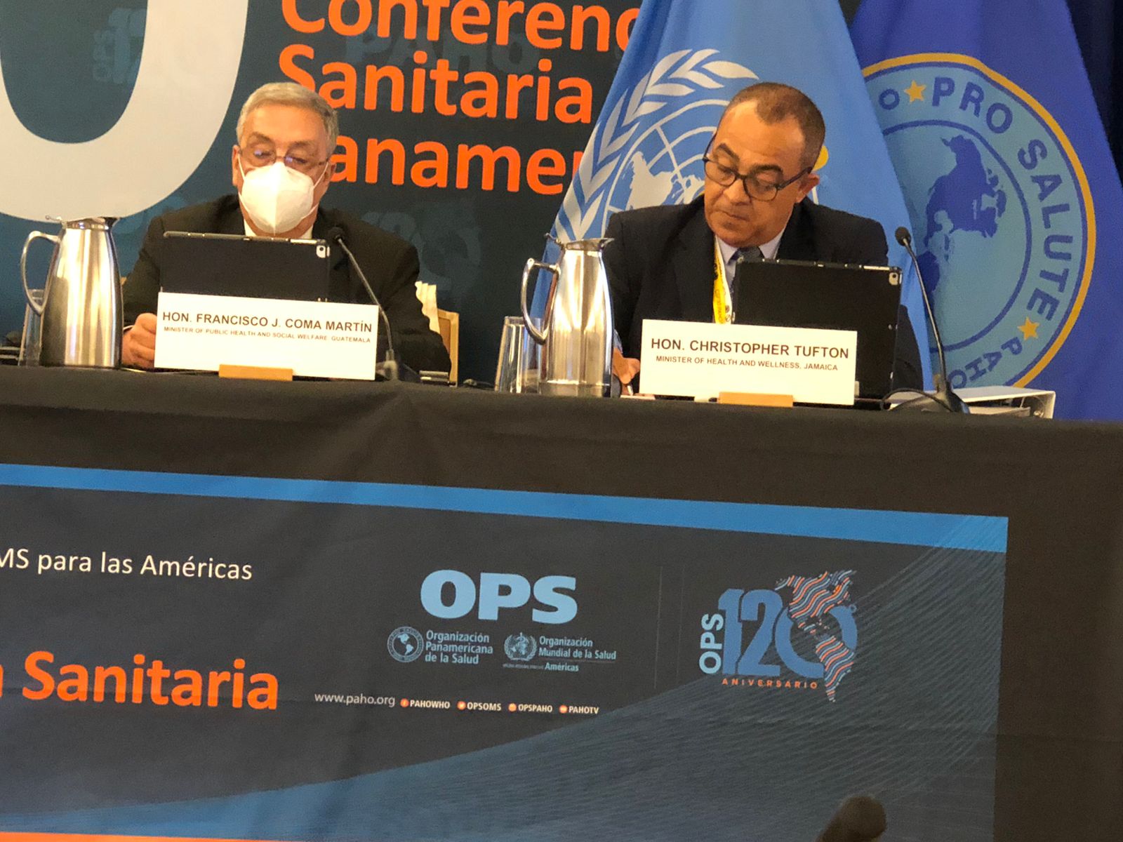 Minister of Health and Wellness, Dr. the Hon. Christopher Tufton (right), participates in the 30th Pan American Sanitary Conference, which takes place from September 26-30 in Washington DC. Also participating in the conference is Minister of Public Health and Social Welfare for Guatemala, Hon. Francisco Coma Martin (left).   