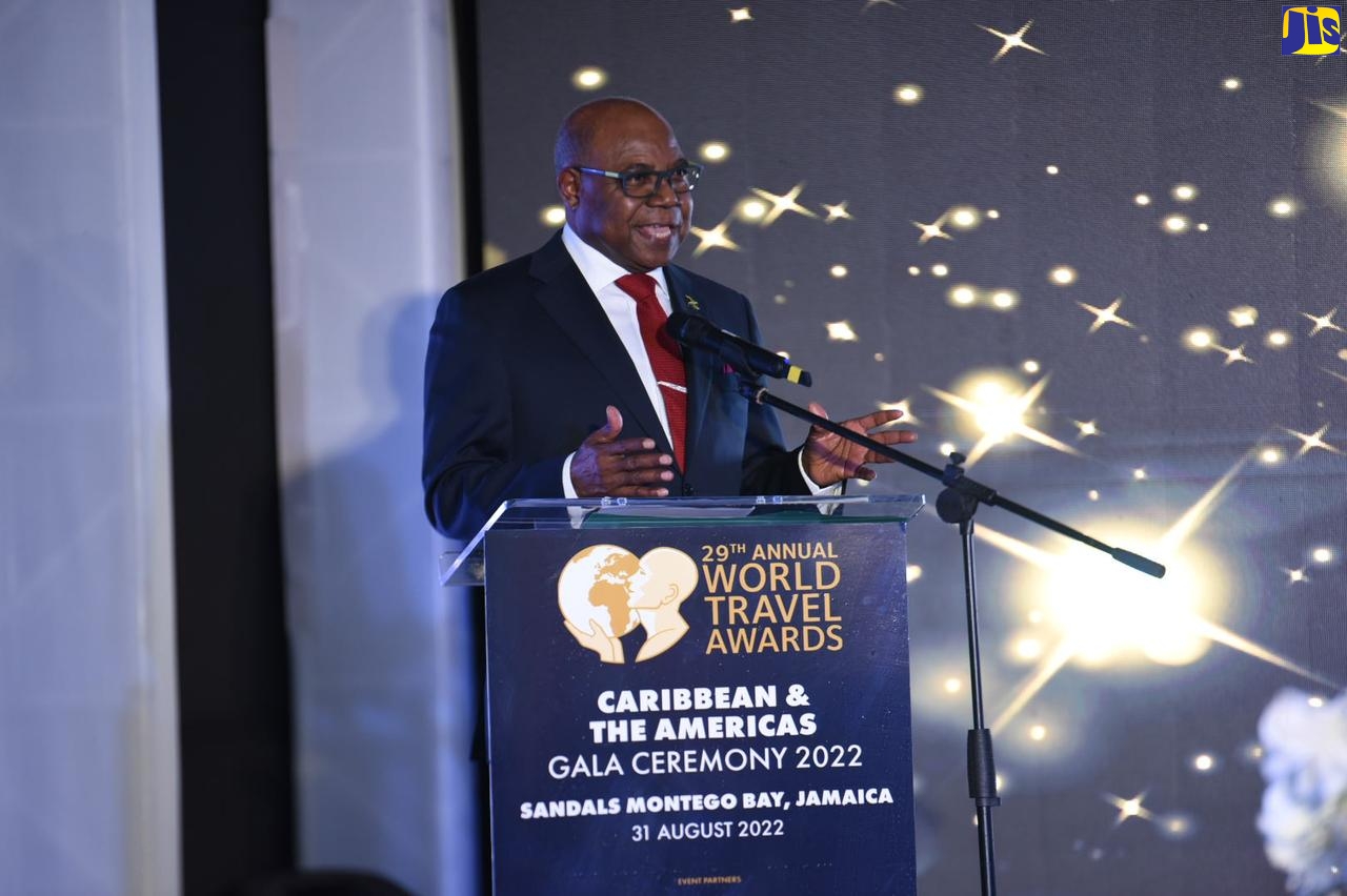 Minister of Tourism, Hon. Edmund Bartlett, addresses hospitality heads and other stakeholders at the World Travel Awards Caribbean and Americas ceremony, at Sandals Montego Bay, on August 31.