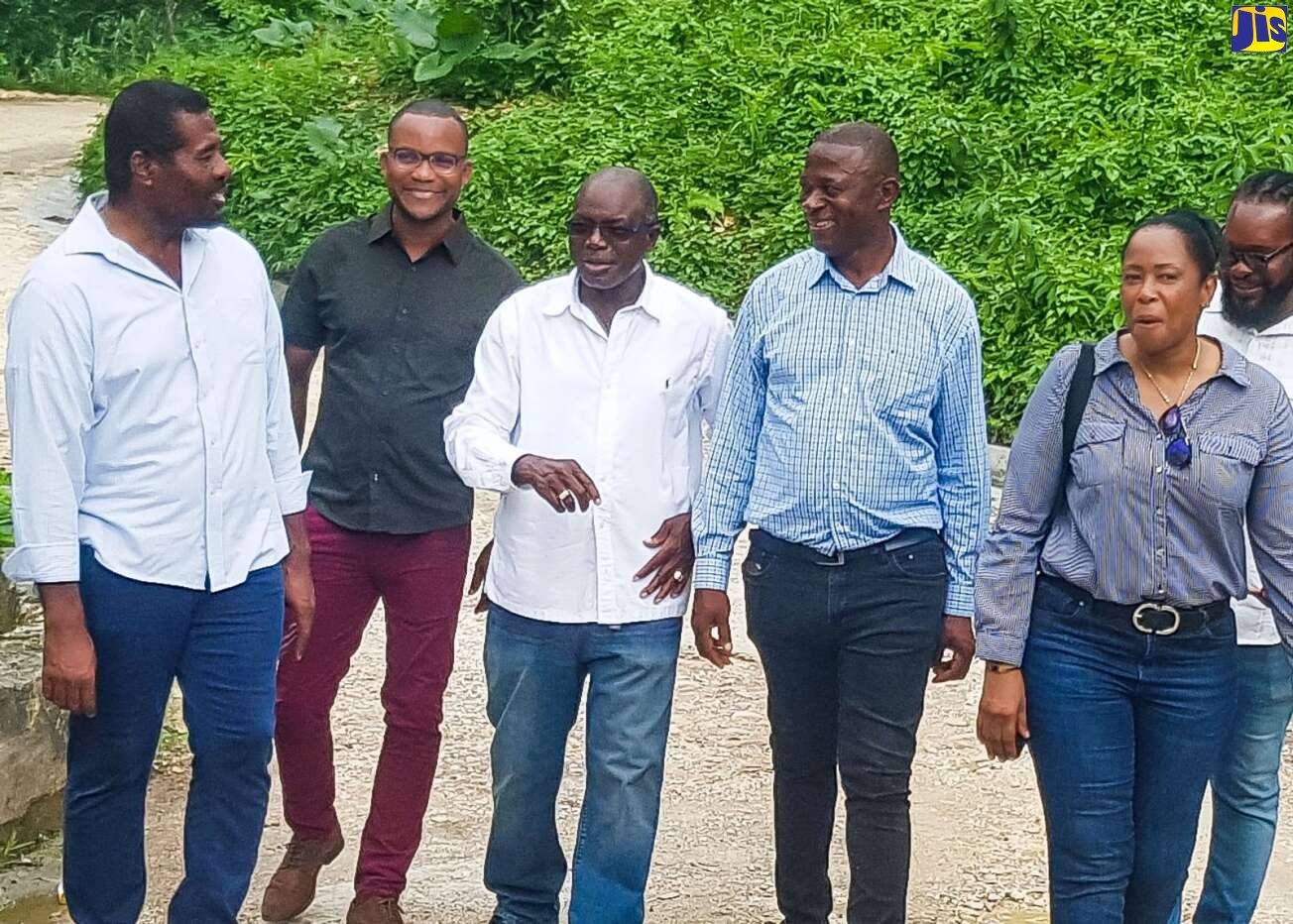 Minister without Portfolio in the Ministry of Economic Growth and Job Creation, Hon. Everald Warmington (third left), is accompanied by (from left) Westmoreland Eastern Member of Parliament, Daniel Lawrence; Westmoreland Western Member of Parliament, Morland Wilson; Westmoreland Central Member of Parliament, George Wright; and Councillor for the Cornwall Mountain Division, Dawnette Foster, while on a tour of sections of Westmoreland, on August 31. 