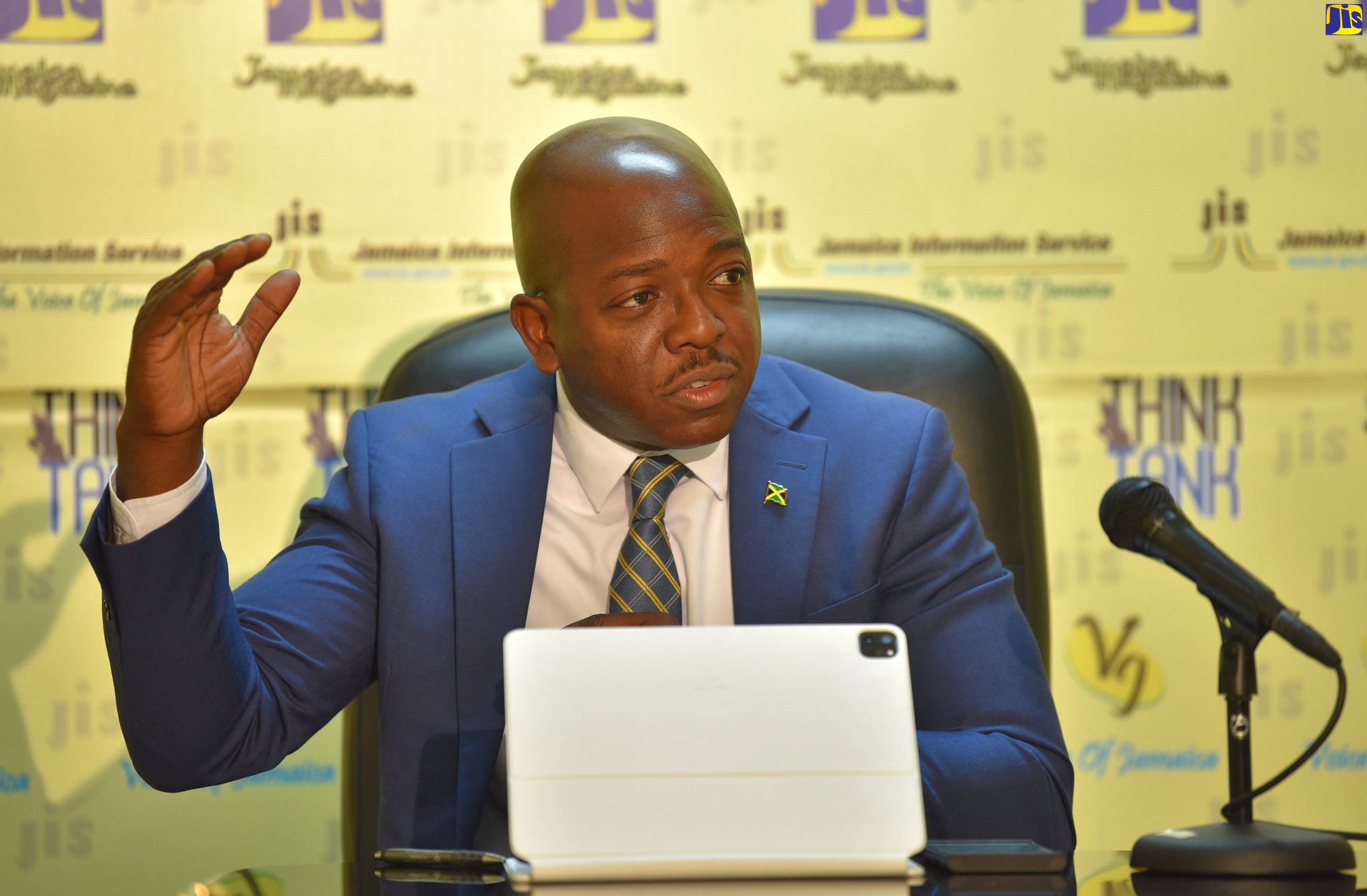 Minister of Agriculture and Fisheries,  Hon. Pearnel Charles Jr., speaks at a JIS ‘Think Tank’, today  (September 7), at the Agency’s Head Office in Kingston.