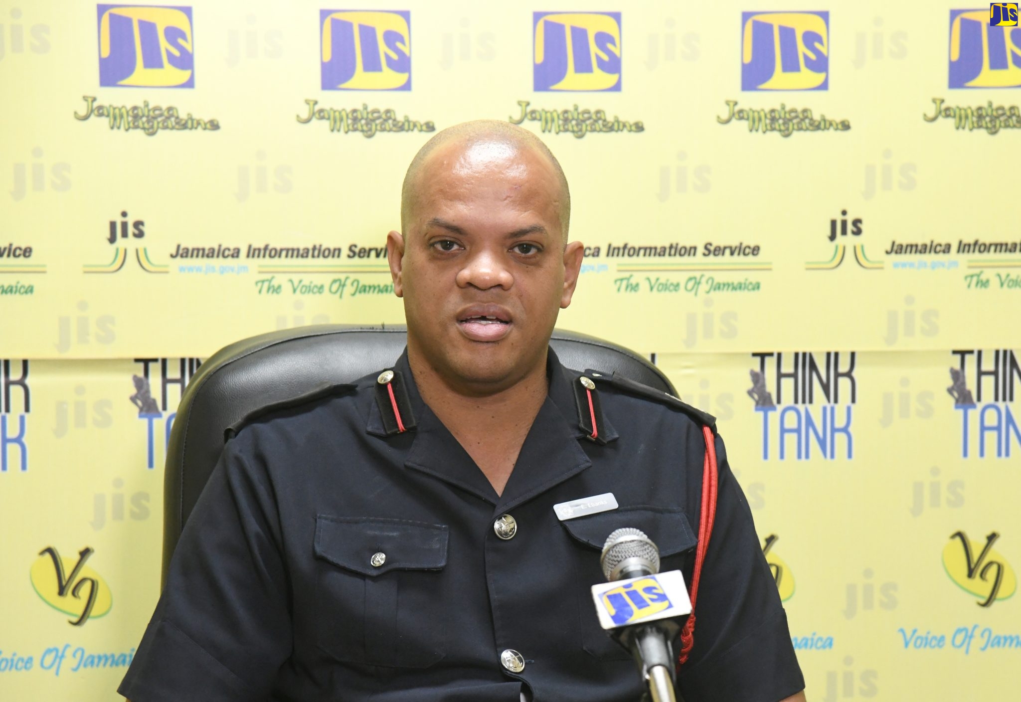 Senior Deputy Superintendent and Public Relations Officer of the Jamaica Fire Brigade, Emeleo Ebanks, addresses a JIS Think Tank on October 20 about activities for Fire and Life Safety Awareness Week 2022 from October 23 to 29.