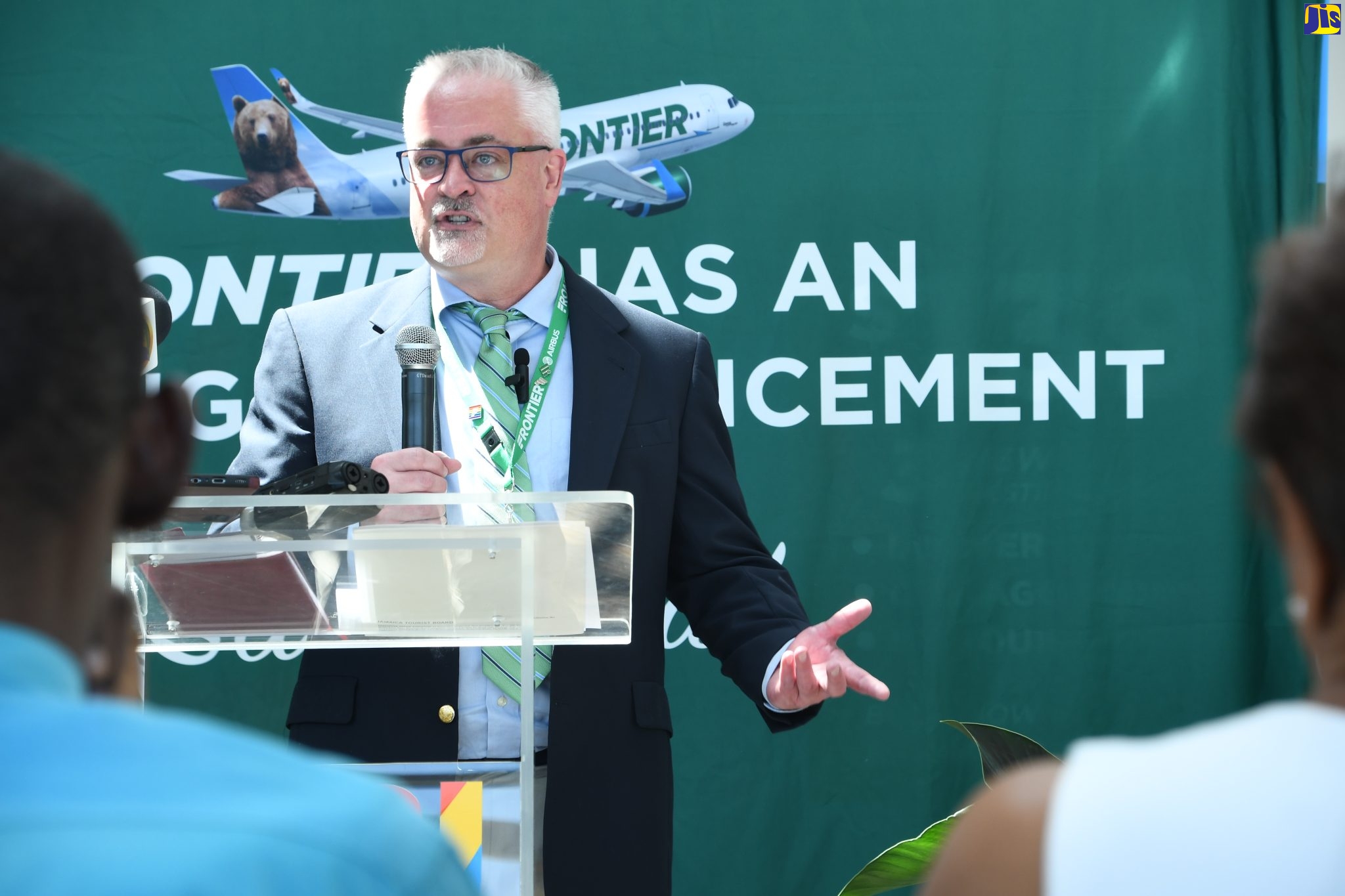 Senior Manager of International Sales at Frontier Airlines , William Evans, gives remarks at a ceremony held at Sangster International Airport on October 4, to announce the airline’s new seasonal non-stop flights from Denver, Colorado; Chicago, Illinois and St. Louis , Missouri to Sangster International Airport, starting February 2023.