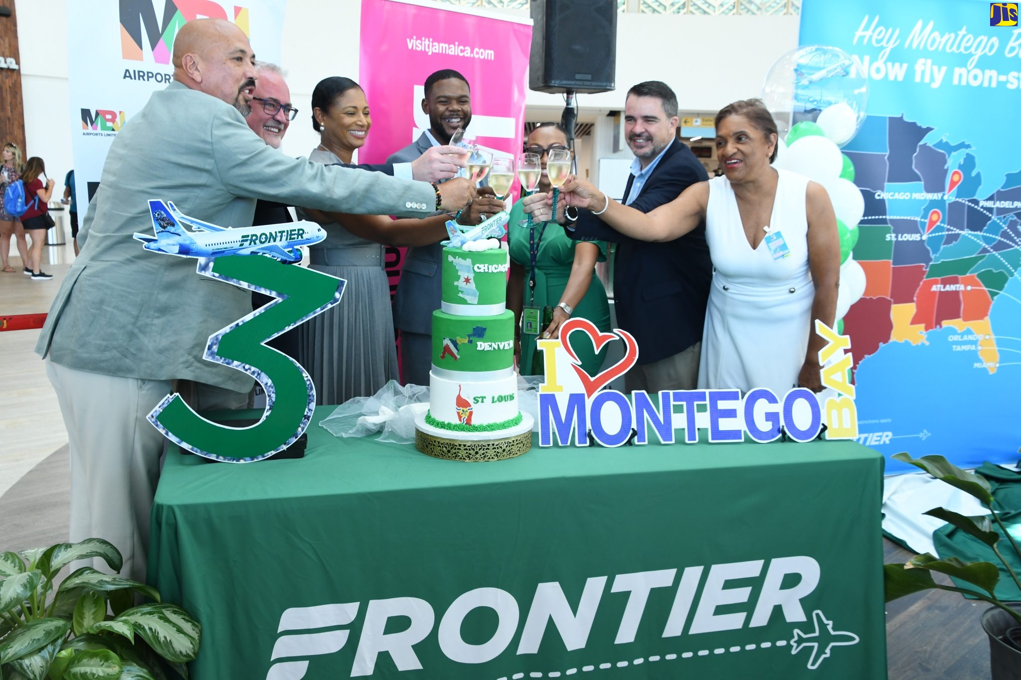 Tourism stakeholders toast Frontier Airline’s announcement of new seasonal non-stop flights from Denver, Colorado; Chicago, Illinois and St. Louis, Missouri, beginning February 2023, at a ceremony held at Sangster International Airport in St. James, on October 4. From left are International and Domestic Sales Manager at Frontier, Alfredo Gonzalez; Senior Manager of International Sales at Frontier, William Evans; Regional Manager at the Jamaica Tourist Board (JTB), Odette Dyer; Deputy Mayor of Montego Bay, Councillor Richard Vernon; Commercial Business and Marketing Manager at MBJ Airports, operators of Sangster International Airport, Sharon Hislop-Holt; Deputy Chair of the Jamaica Hotel and Tourist Association (JHTA), Raphael Mattas and Executive Director of Jamaica Vacations, Joy Roberts.