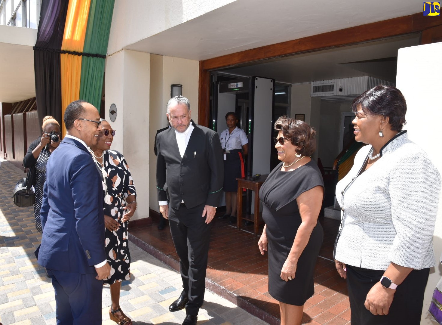 President of the Crown Council of Ethiopia, His Imperial Highness, Prince Ermias Sahle Selassie (left), is introduced to Speaker of the House of Representatives, Hon. Marisa Dalrymple-Philibert (second right) by Minister of Culture, Gender, Entertainment and Sport, Hon. Olivia Grange (second left), on his visit to the Houses of Parliament today (October 14). The welcome party also included President of the Senate, Senator the Hon. Tom Tavares-Finson (centre); and Clerk to the Houses of Parliament, Valrie Curtis. The Prince is Jamaica’s special guest for National Heritage Week. He is accompanied on his trip to Jamaica by his wife, Princess Woizero Saba Kebede.