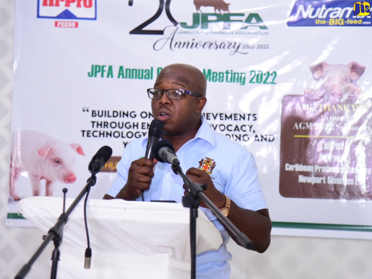Minister of Agriculture and Fisheries, Hon. Pearnel Charles Jr., addresses the Jamaica Pig Farmers’ Association (JPFA), Annual General Meeting, at the Bridge Palm Hotel and Resorts in Osbourne Store, Clarendon, on September 29.

