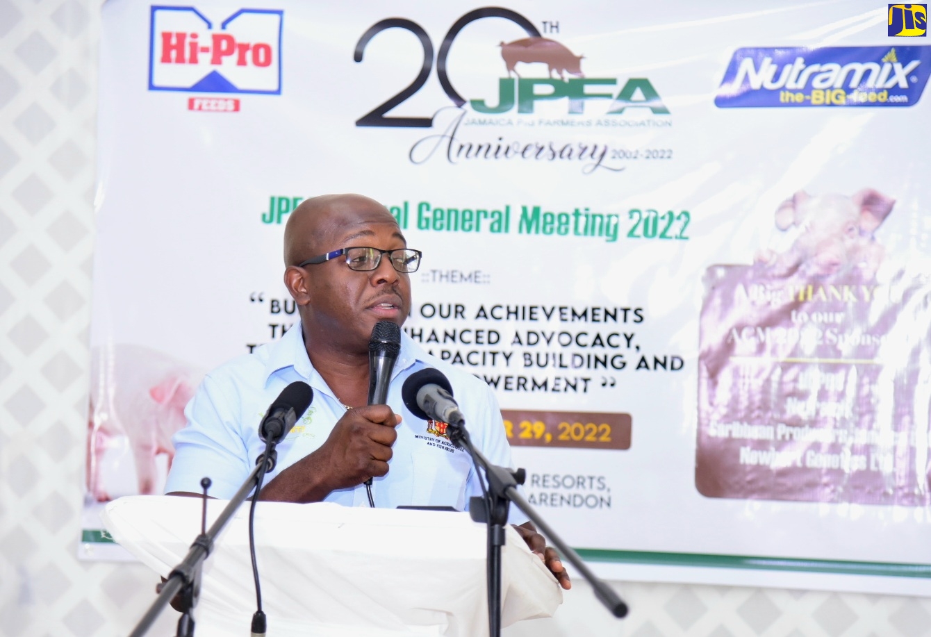 Minister of Agriculture and Fisheries, Hon. Pearnel Charles Jr., addresses the recent Jamaica Pig Farmers’ Association (JPFA) 2022 Annual General Meeting, held at the Bridge Palm Hotel and Resorts in Obourne Store, Clarendon.