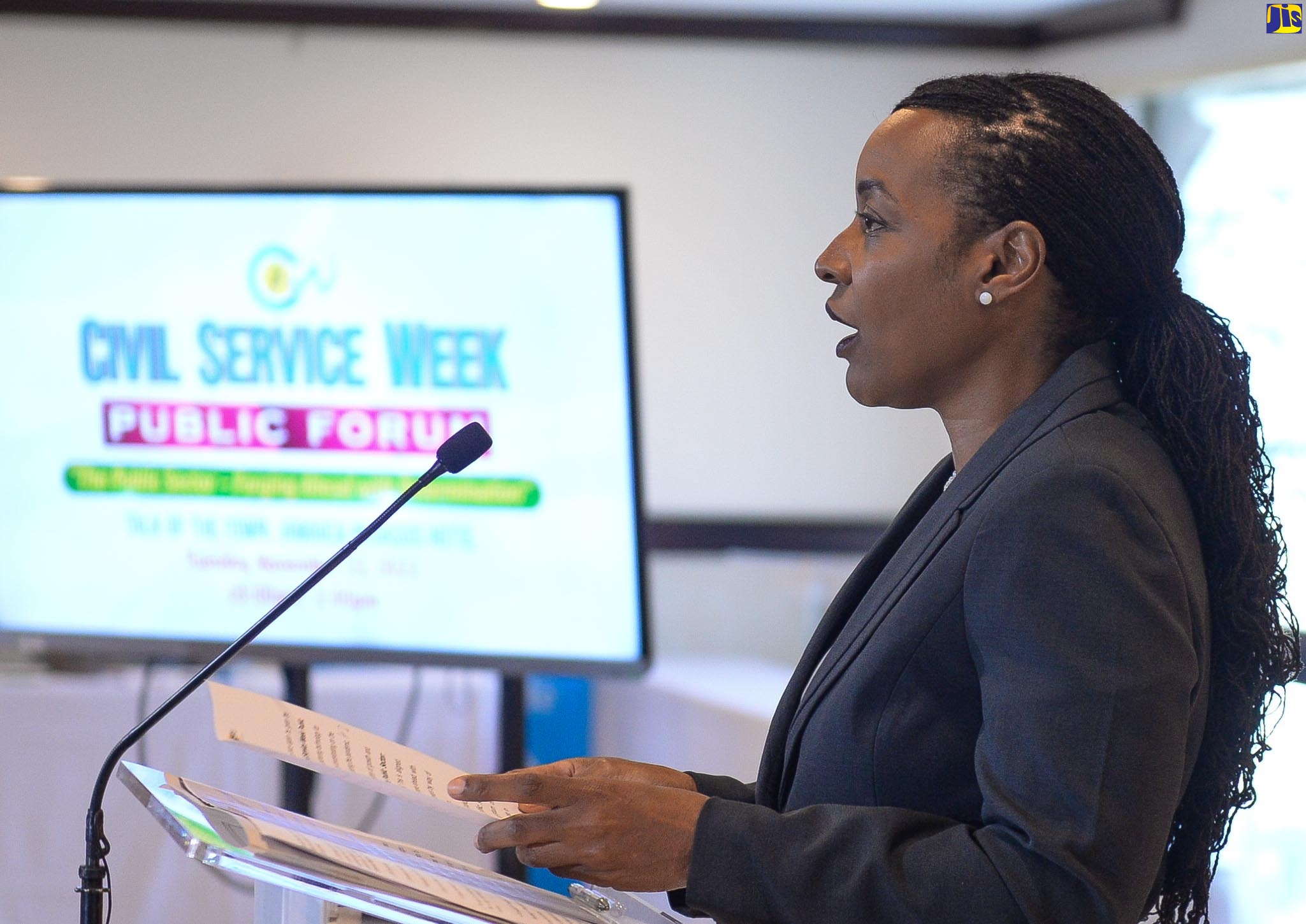 Minister of State in the Ministry of Finance and the Public Service, Hon. Marsha Smith, addresses the Civil Service Week Public Forum at The Jamaica Pegasus hotel on November 22. The forum was held under the theme ‘The Public Sector: Forging Ahead with Determination’.