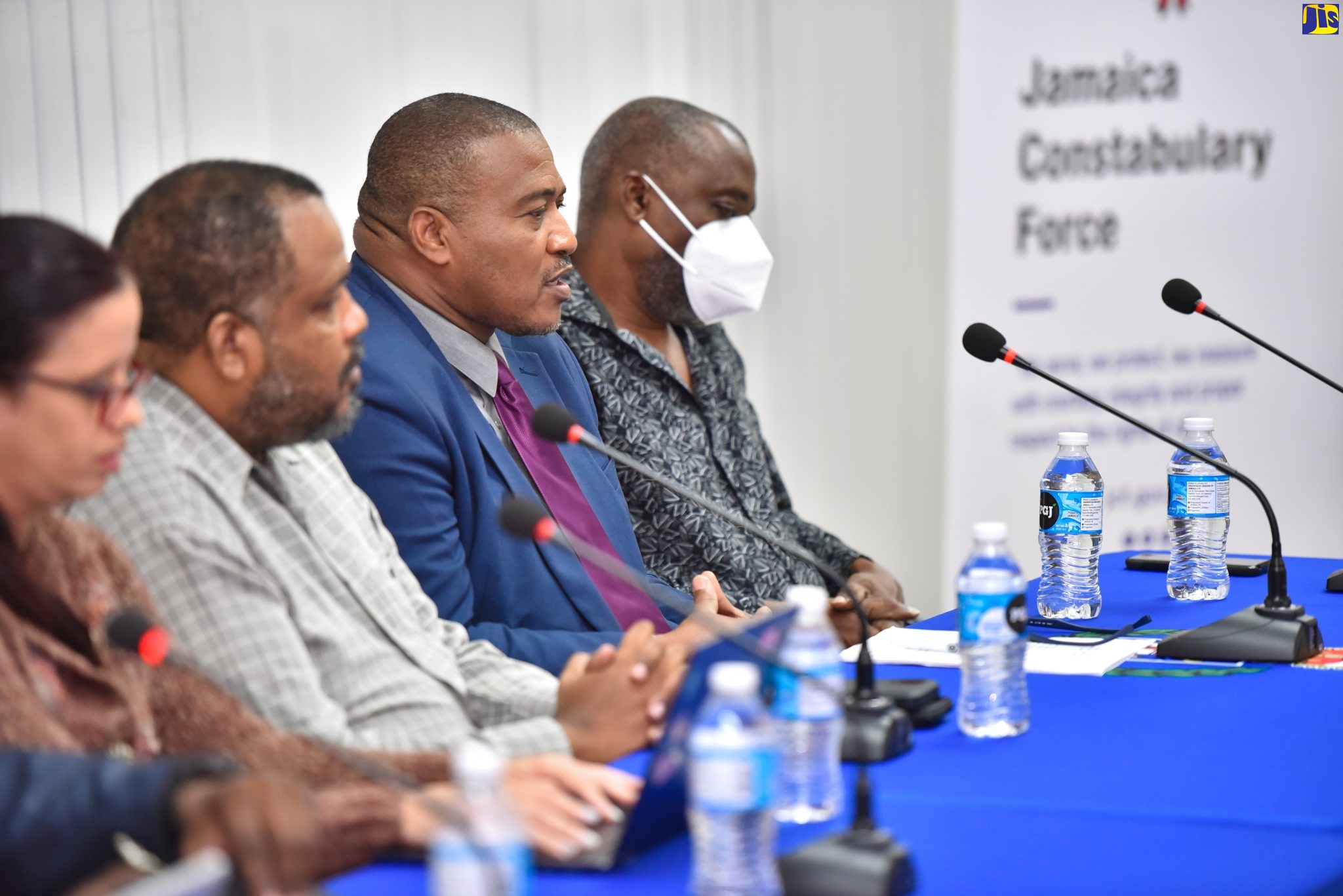 Acting Director, Safety and Security in Schools Unit, Ministry of Education and Youth, Richard Troupe (second right), addressing Wednesday’s (November 16) semi-virtual Anti-Gang Week Townhall meeting at the Office of the Police Commissioner in Kingston. Others (from left) are Deputy Superintendent of Police and Researcher, Joanna Callen; Senior Deputy Director of Public Prosecutions, Office of the Director of Prosecution, Jeremy Taylor; and Lecturer, Social Anthropology, University of the West Indies (UWI), Mona, Dr. Herbert Gayle. 