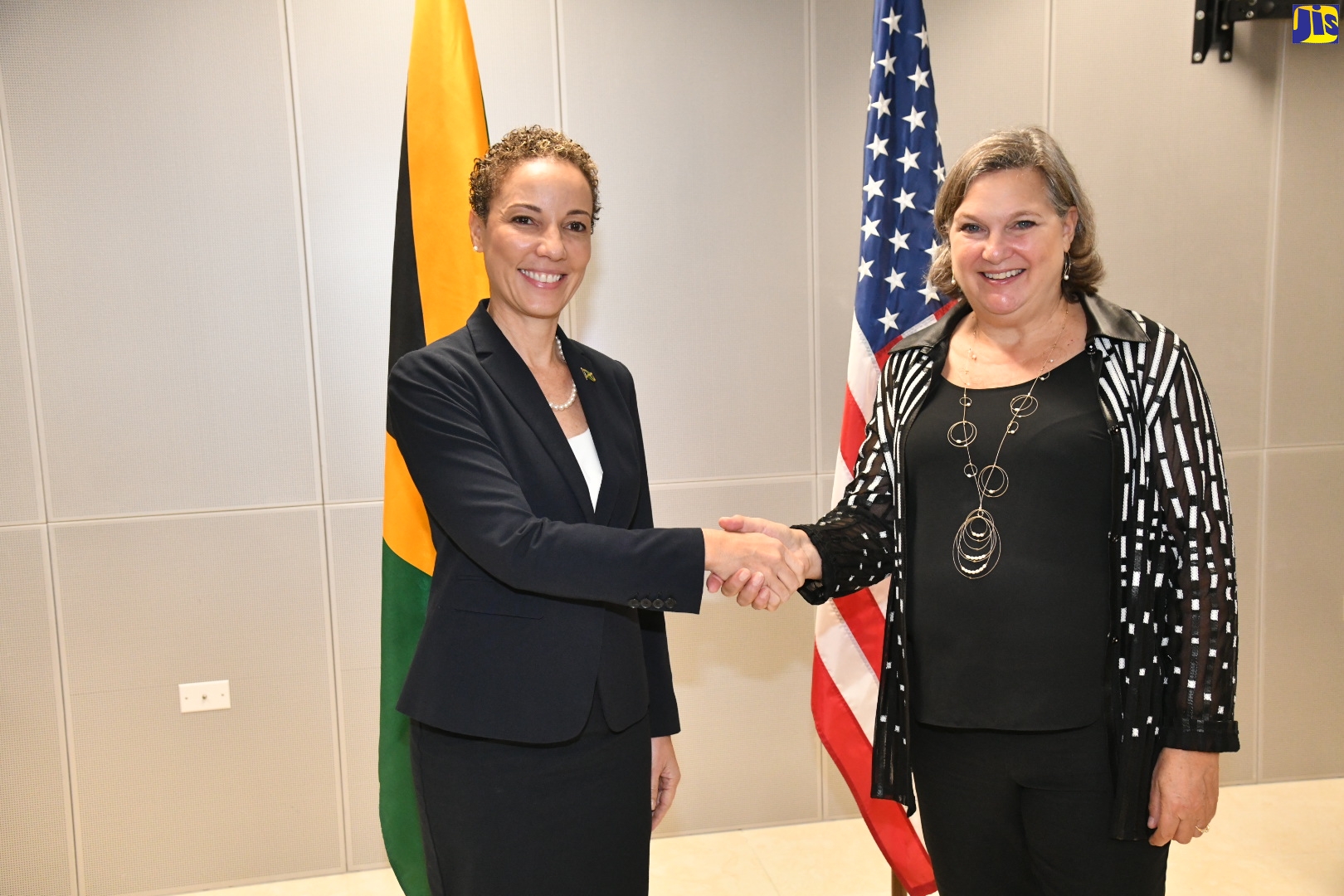 Minister of Foreign Affairs and Foreign Trade, Senator the Hon. Kamina Johnson Smith (left), greets United States Under Secretary of State for Political Affairs, Ambassador Victoria Nuland, during a recent courtesy call at the Ministry in Kingston.