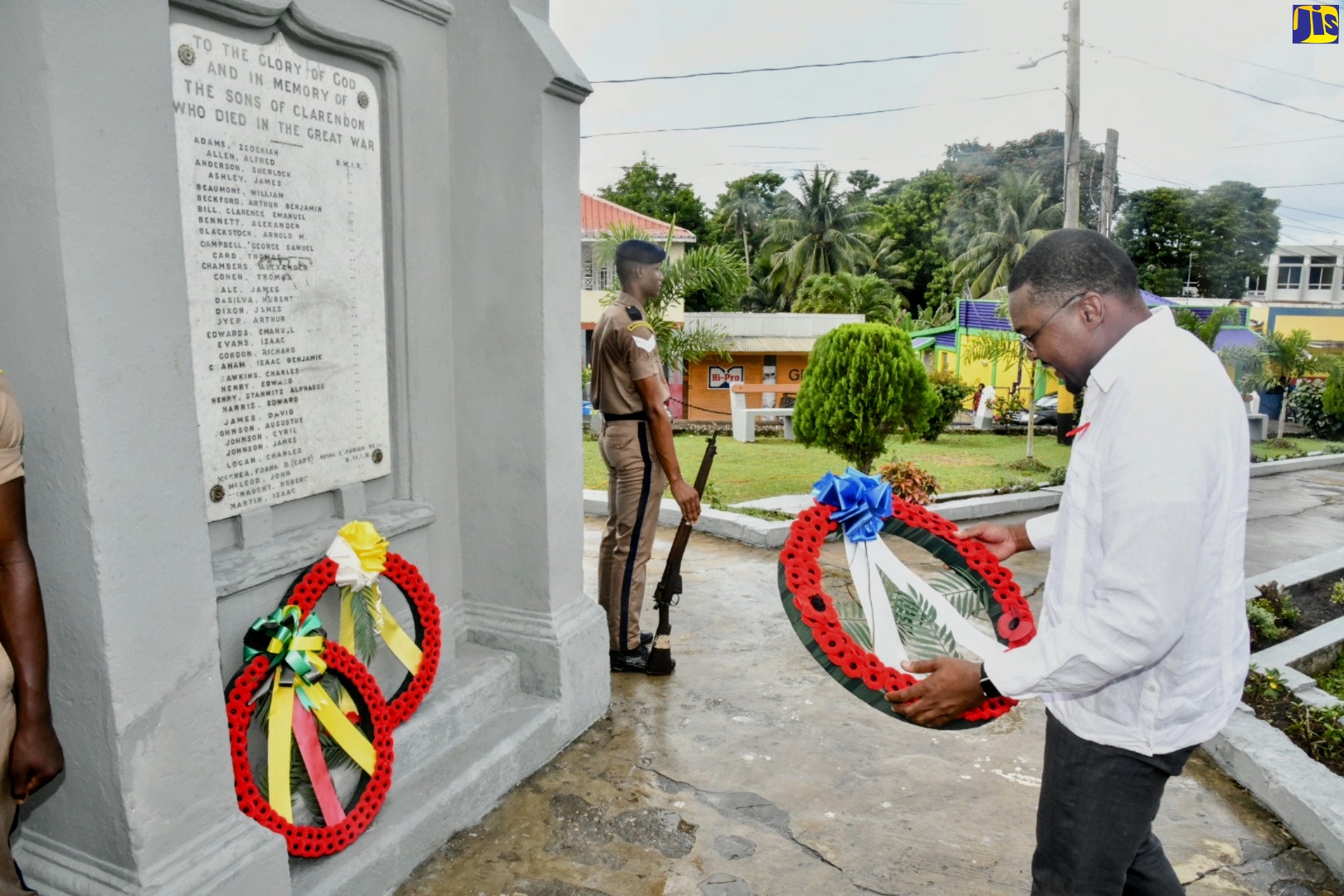 Minister without portfolio in the Office of the Prime Minister, Hon. Robert Morgan, who is also Member of Parliament for Clarendon North Central, lays a wreath at the War Monument in Chapelton, Clarendon, on Sunday (November 13), to commemorate Remembrance Day.