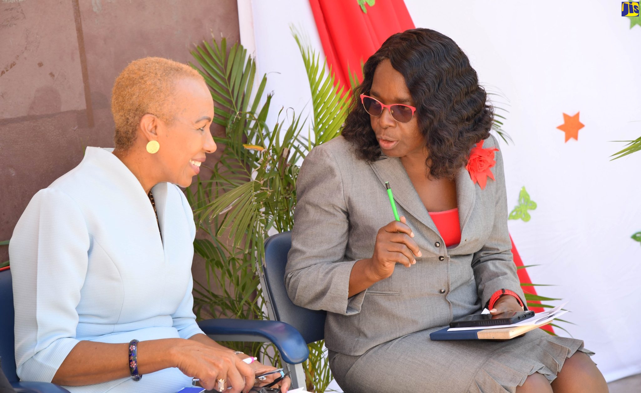 Minister of Education and Youth, Hon. Fayval Williams (left), converses with Acting Principal, Portsmouth Primary School, Celine Haughton, during a prize-giving ceremony held at the school in St. Catherine on November 16. The event was held under the theme ‘Celebrating Excellence’.