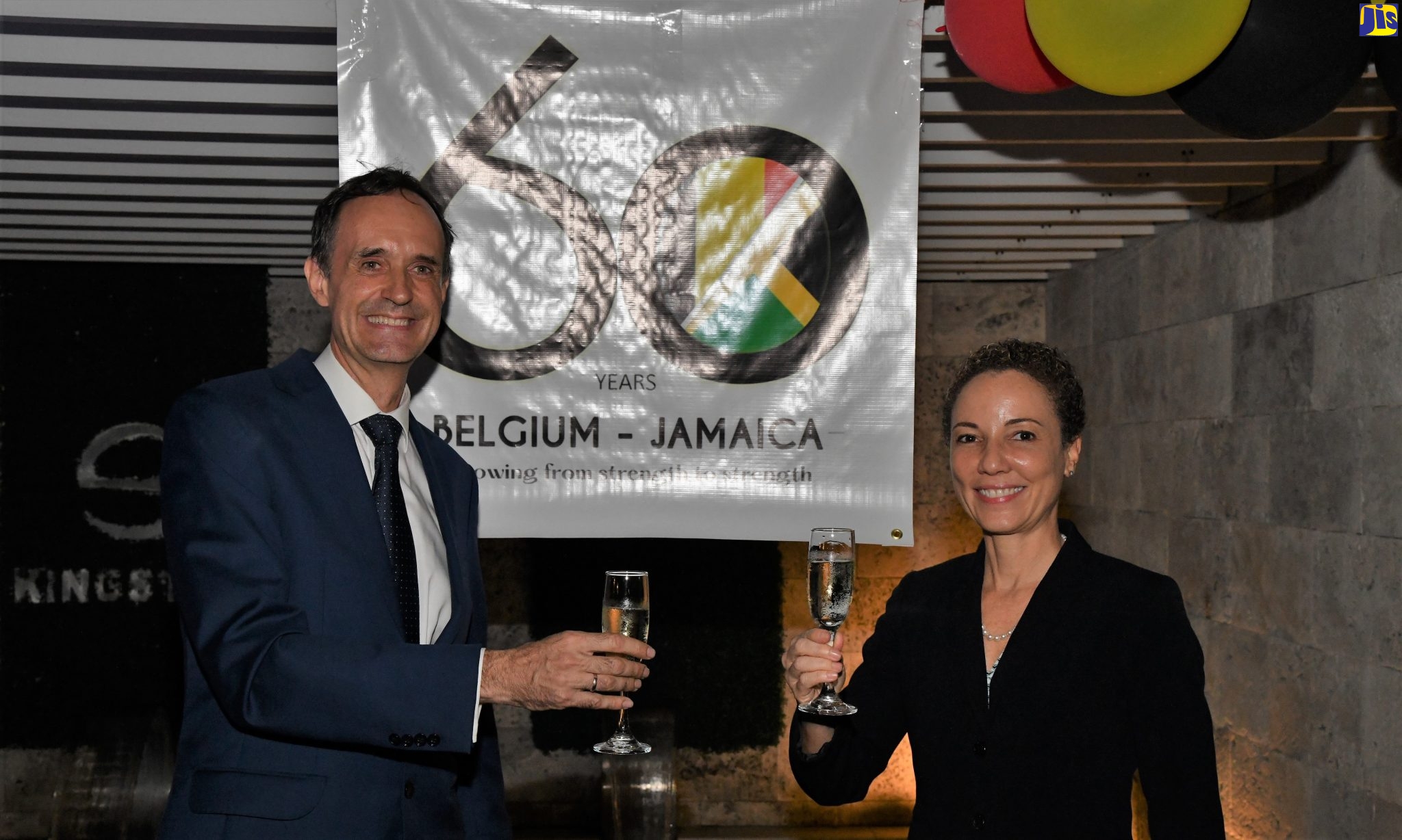 Minister of Foreign Affairs and Foreign Trade, Senator the Hon. Kamina Johnson Smith (right) and Ambassador of Belgium to Jamaica, His Excellency Hugo Verbist, raise a toast to commemorate King’s Day in Belgium, at the Spanish Court Hotel in New Kingston on Tuesday (November 22). King’s Day, celebrated on November 15 each year, honours King Leopold, who was the first monarch of Belgium following the country’s independence from the Netherlands in 1830.