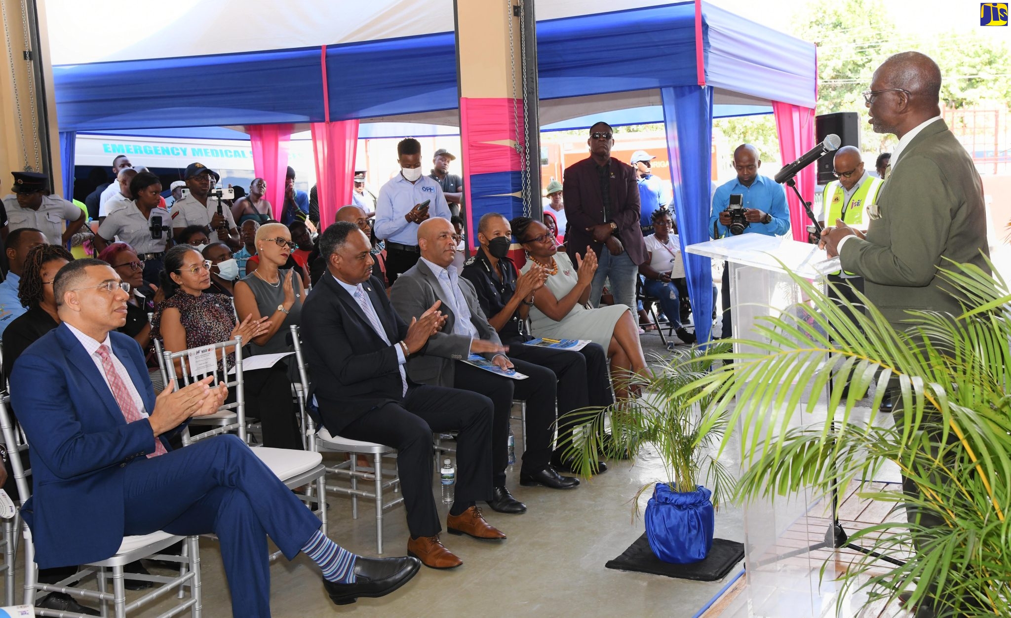 Minister of Local Government and Rural Development, Hon. Desmond McKenzie (at podium), speaks at the official opening of the new Yallahs fire station in St. Thomas, on October 26. 
 Applauding (from left) are Prime Minister, the Most Hon. Andrew Holness; Managing Director of the Jamaica Social Investment Fund, Omar Sweeney; Member of Parliament, St. Thomas Western, James Robertson; Jamaica Fire Brigade Commissioner, Stewart Beckford and Permanent Secretary in the Ministry of Local Government and Rural Development, Marsha Henry Martin.