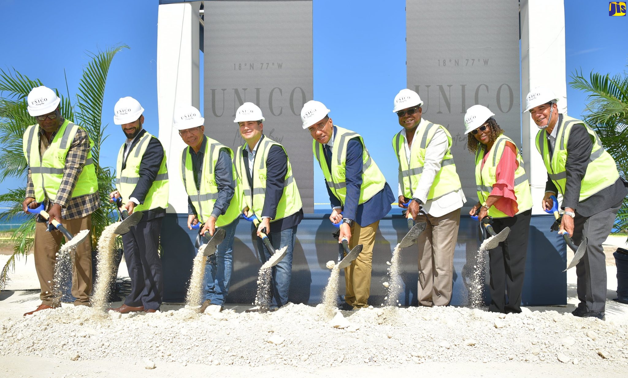 Prime Minister, the Most Hon. Andrew Holness (fourth right), is joined by other Government and private sector officials in breaking ground for the construction of the UNICO 18˚77˚ Hotel in Lilliput, St James, on Friday (November 25). Others (from left) are Mayor of Montego Bay and Chairman, St. James Municipal Corporation, Councillor Leeroy Williams; Director of Sales and Marketing, AIC Hotel Group, Rafael Chapur; Deputy Prime Minister and Minister of National Security, Hon. Dr. Horace Chang; Vice President of Development, RCD Hotels, Rodrigo Chapur; Tourism Minister, Hon. Edmund Bartlett; Permanent Secretary, Office of the Prime Minister, Audrey Sewell; and Minister of State, Office of the Prime Minister (West), Hon. Homer Davis.