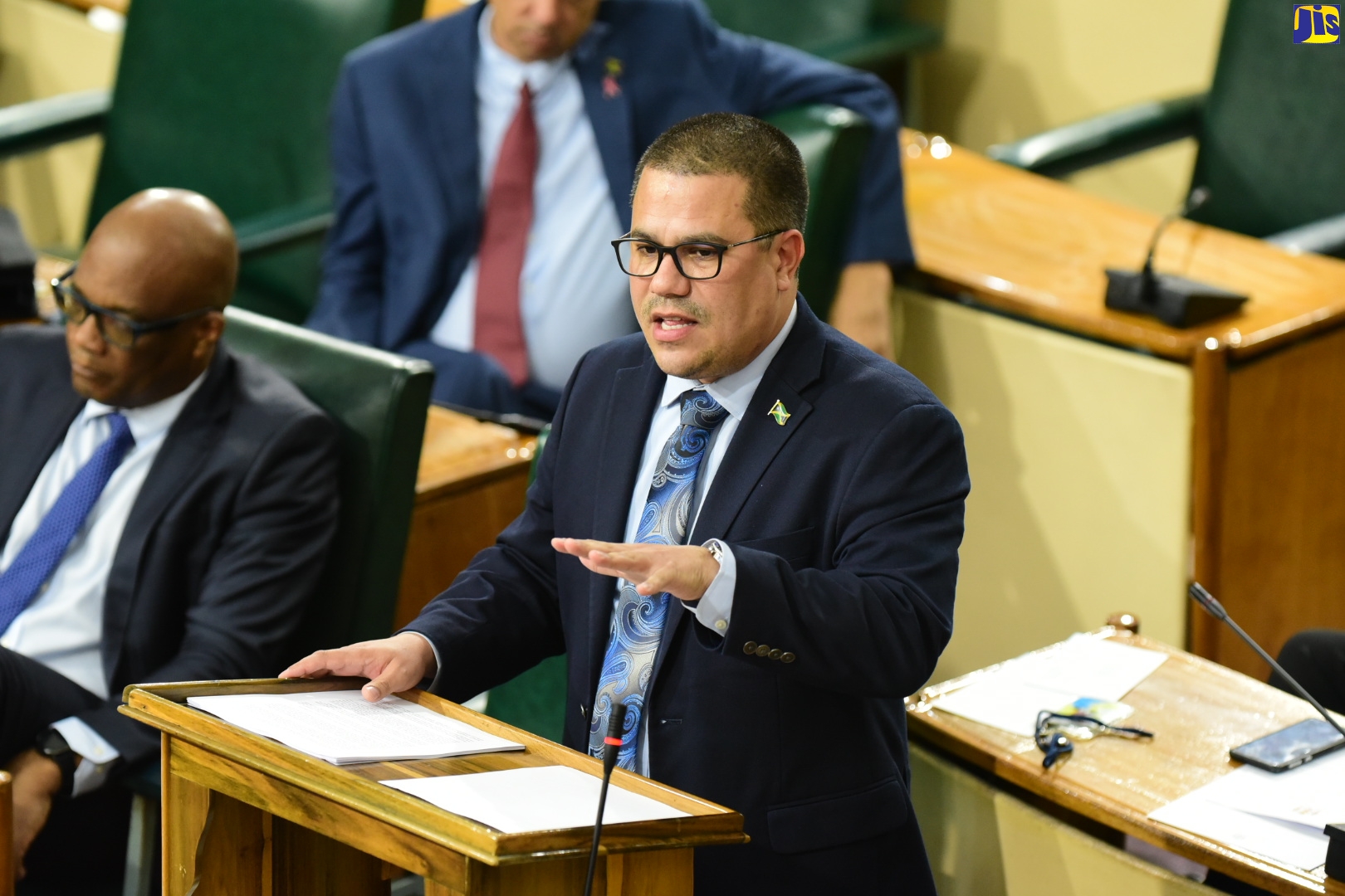 Minister without Portfolio in the Ministry of Economic Growth and Job Creation, Senator the Hon. Matthew Samuda, making his contribution to the State of the Nation Debate in the Upper House on December 2. At left is Minister of State in the Ministry of Foreign Affairs and Foreign Trade, Senator Leslie Campbell.