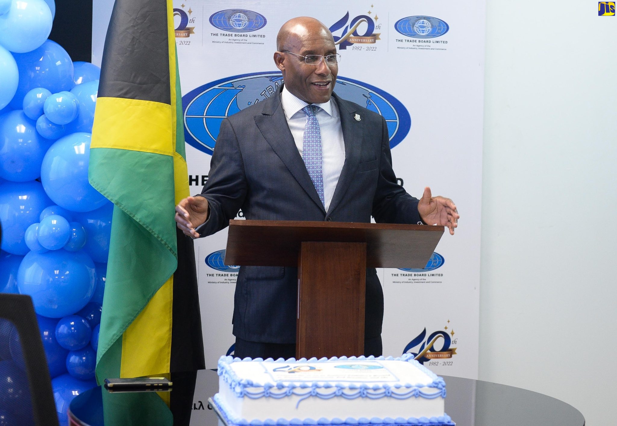 Minister of Industry, Investment and Commerce, Senator the Hon. Aubyn Hill, addresses the Trade Board Limited’s (TBL) 40th Anniversary Cake Cutting Ceremony held at the agency’s offices located in the Air Jamaica Building, 72 Harbour Street, Kingston on December 13.