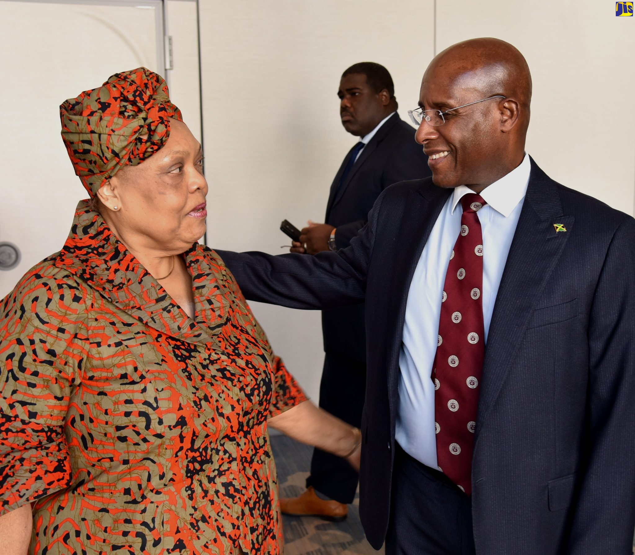 Minister of Industry, Investment and Commerce, Senator the Hon. Aubyn Hill (right), shares a moment with Chief Executive Officer, Jamaica Business Development Corporation (JBDC), Valerie Veira, at the recent closing ceremony for the JBDC Accelerator programme cohort four, at the AC Marriott Hotel, Kingston.