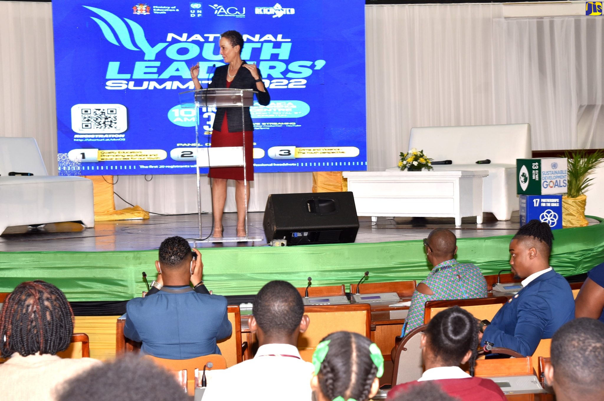 Minister of Foreign Affairs and Foreign Trade, Senator the Hon. Kamina Johnson Smith, addresses students at the National Youth Leaders’ Summit held at the Jamaica Conference Centre in downtown Kingston, on Wednesday (November 30).