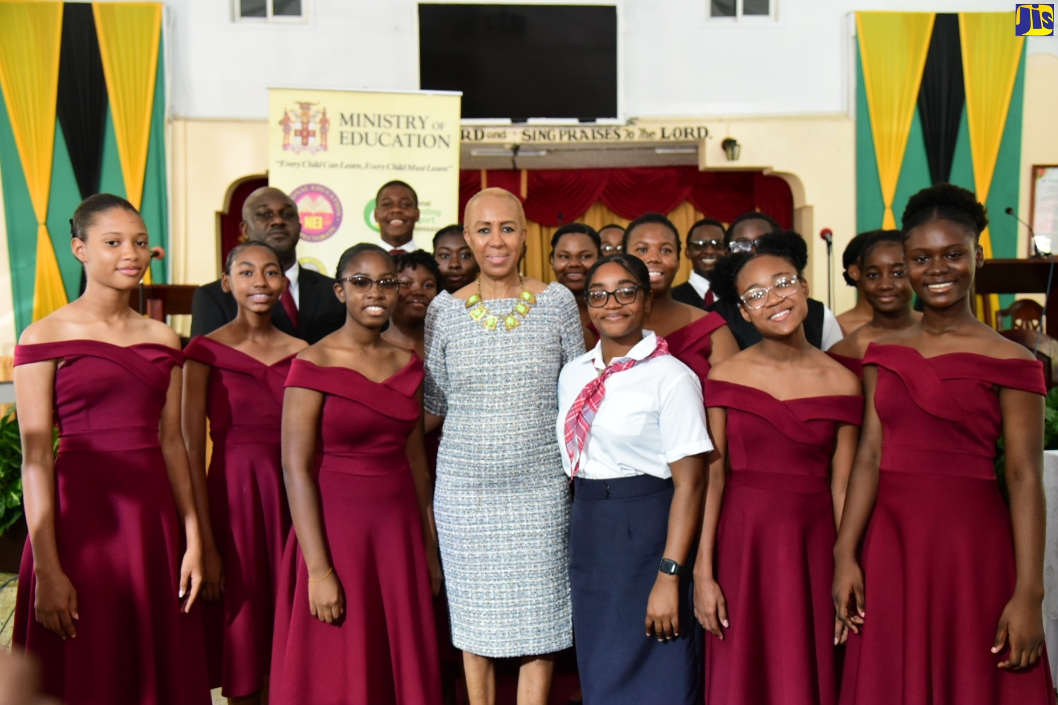 Minister of Education and Youth, Hon. Fayval Williams, is surrounded by members of the Glenmuir High School Choir at the National Careers Week church service held at the May Pen Baptist Church in Clarendon on Sunday (February 5).