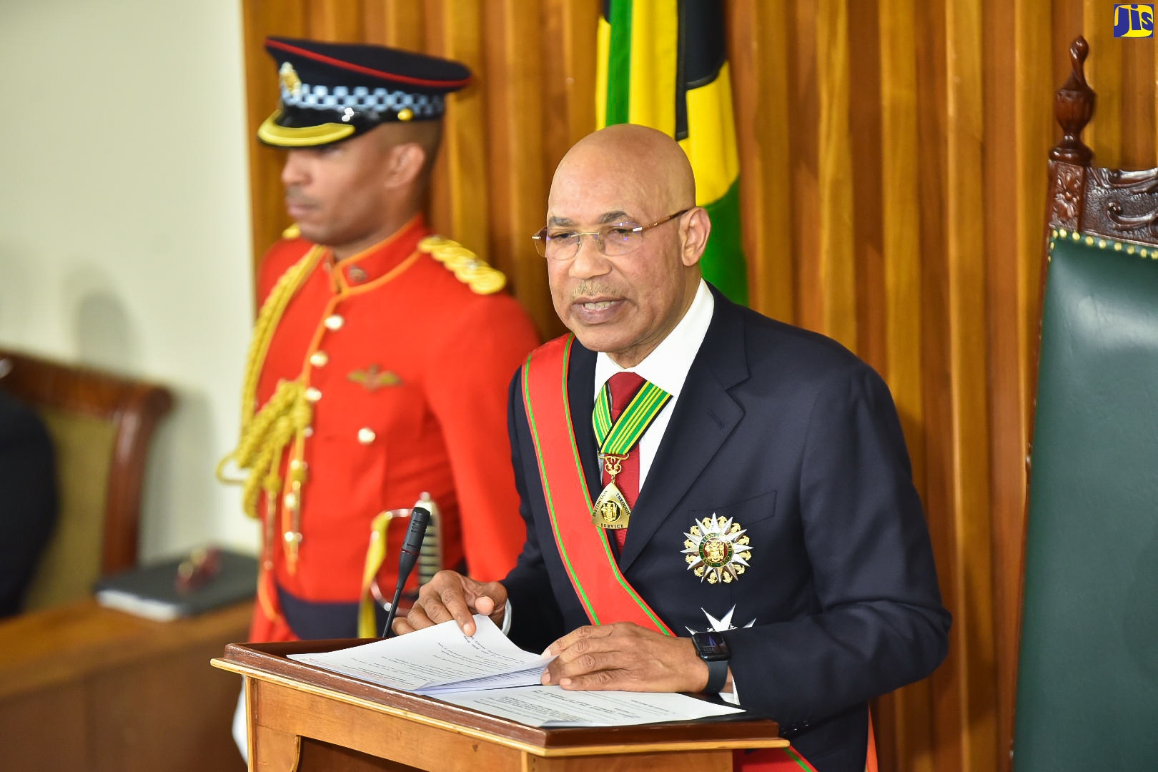 Governor-General, His Excellency the Most Hon. Sir Patrick Allen, delivers the Throne Speech during the 2023/24 Ceremonial Opening of Parliament at Gordon House on Tuesday (February 14), under the theme ‘A Stronger Jamaica: Consolidating Our Recovery, Reigniting Our Decade of Growth’.