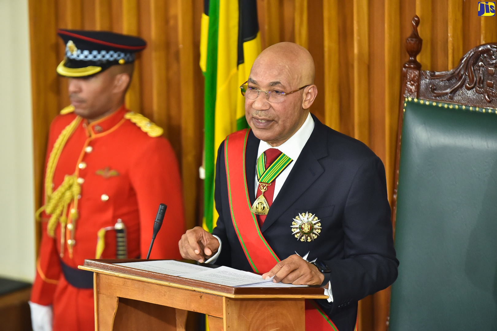 Governor-General, His Excellency, the Most Hon. Sir Patrick Allen, delivers the Throne Speech during the 2023/24 Ceremonial Opening of Parliament at Gordon House on Duke Street in downtown Kingston, on Tuesday (February 14). 