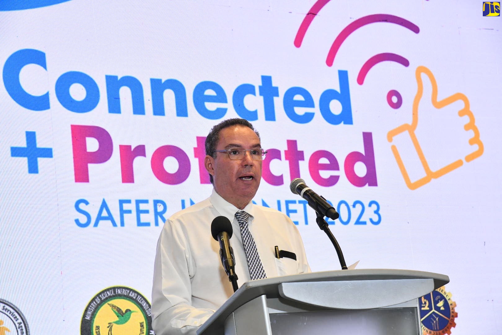 Minister of Science, Energy, and Technology, Hon. Daryl Vaz, speaks during the launch of the Flow Foundation’s ‘Connected + Protected Safer Internet 2023’ campaign at the AC Hotel by Marriott Kingston, on January 31.
