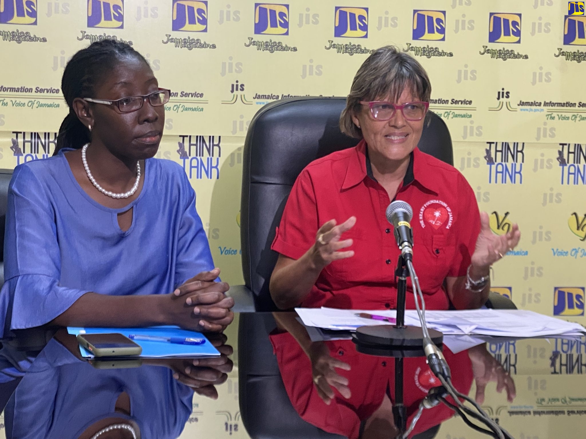 Executive Director of the Heart Foundation of Jamaica (HFJ), Deborah Chen (right) speaks about activities for Heart Month 2023, during a JIS Think Tank on February 2. Also participating in the forum is Medical Epidemiologist in the Non-communicable Diseases and Injuries Prevention Unit in the Ministry of Health and Wellness, Dr. Julia Rowe-Porter. Heart Month is being observed in February under the theme: ‘Do Your Part, Check Your Heart’.